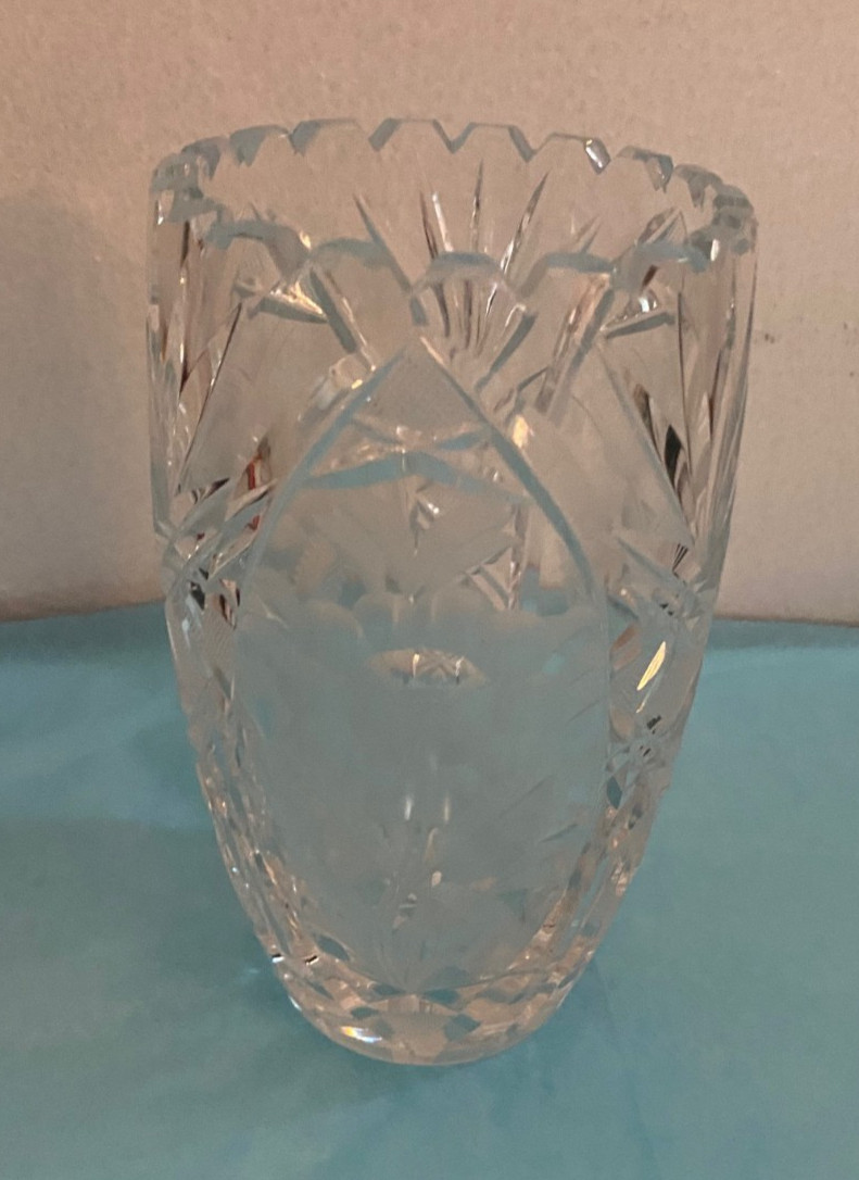 Heavy Clear-Cut Crystal 6″ Vase Etched Flowers and Notched Rim