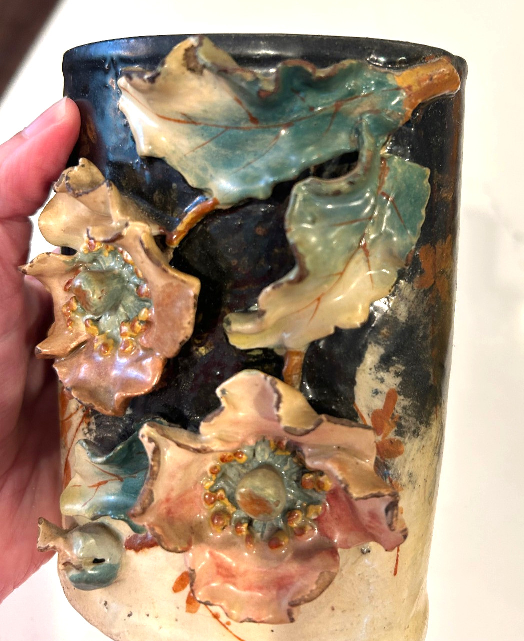 Antique French late 19th c. Barbotine Majolica Vase Signed Marked Edouard Gilles