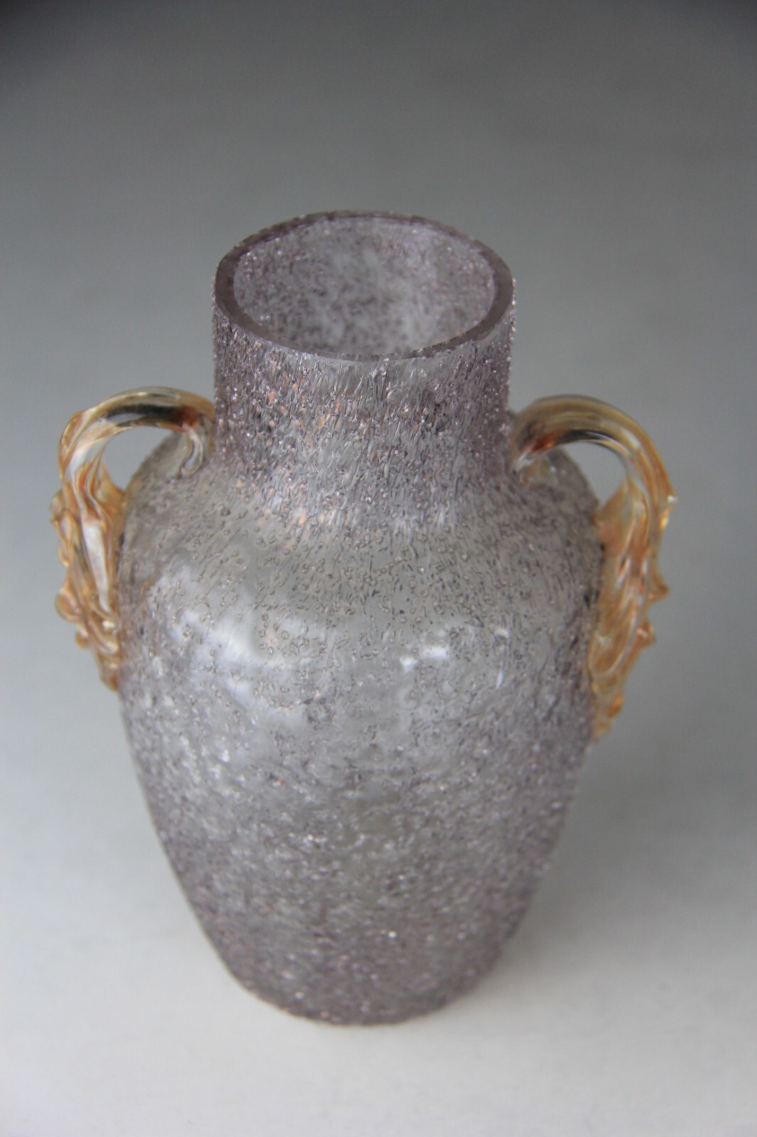 Dugan Smoke Colored Frit Vase w/ Applied Clambroth Handle -Glows!