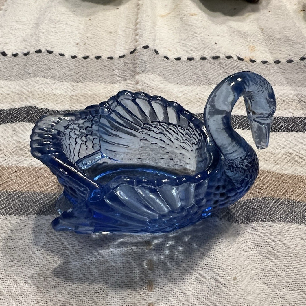 Boyd Blue Pressed Glass Swan salt dip 3 Inch