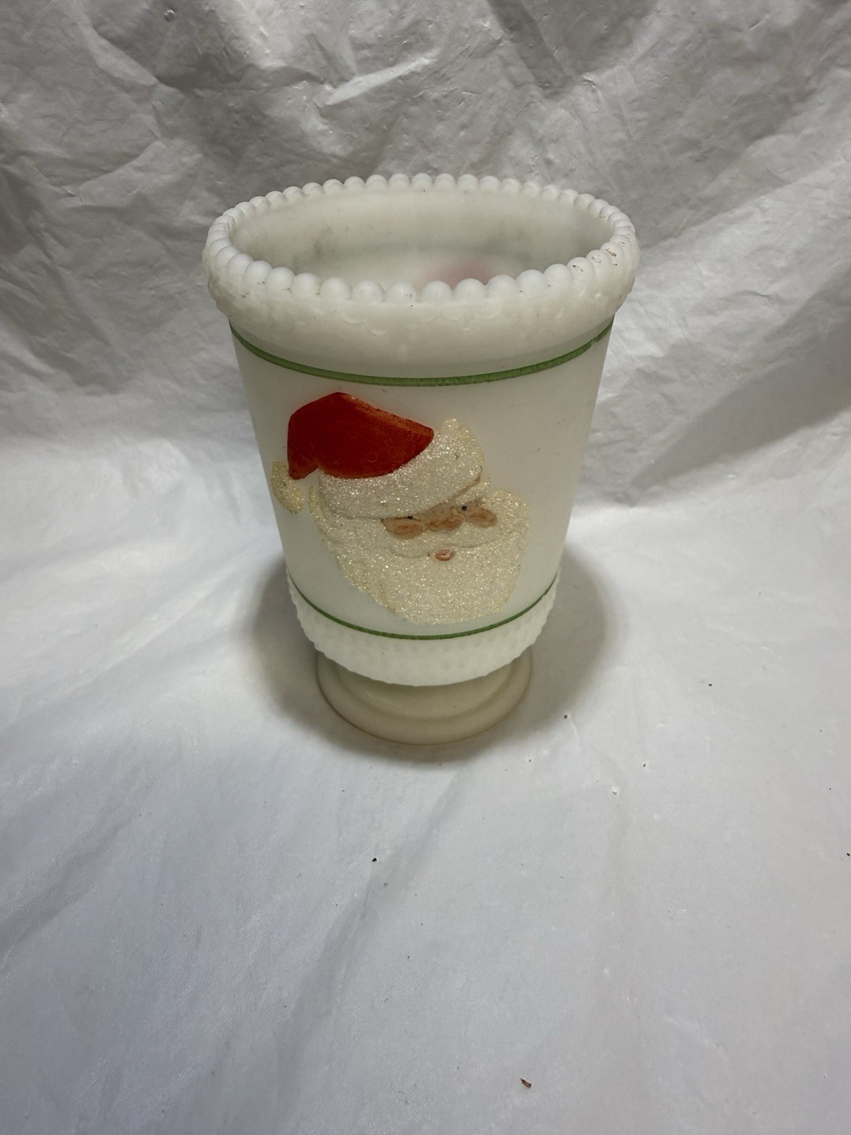 Vintage Fenton Hand Painted Matte Glass Santa Claus Candle Holder Cup Signed