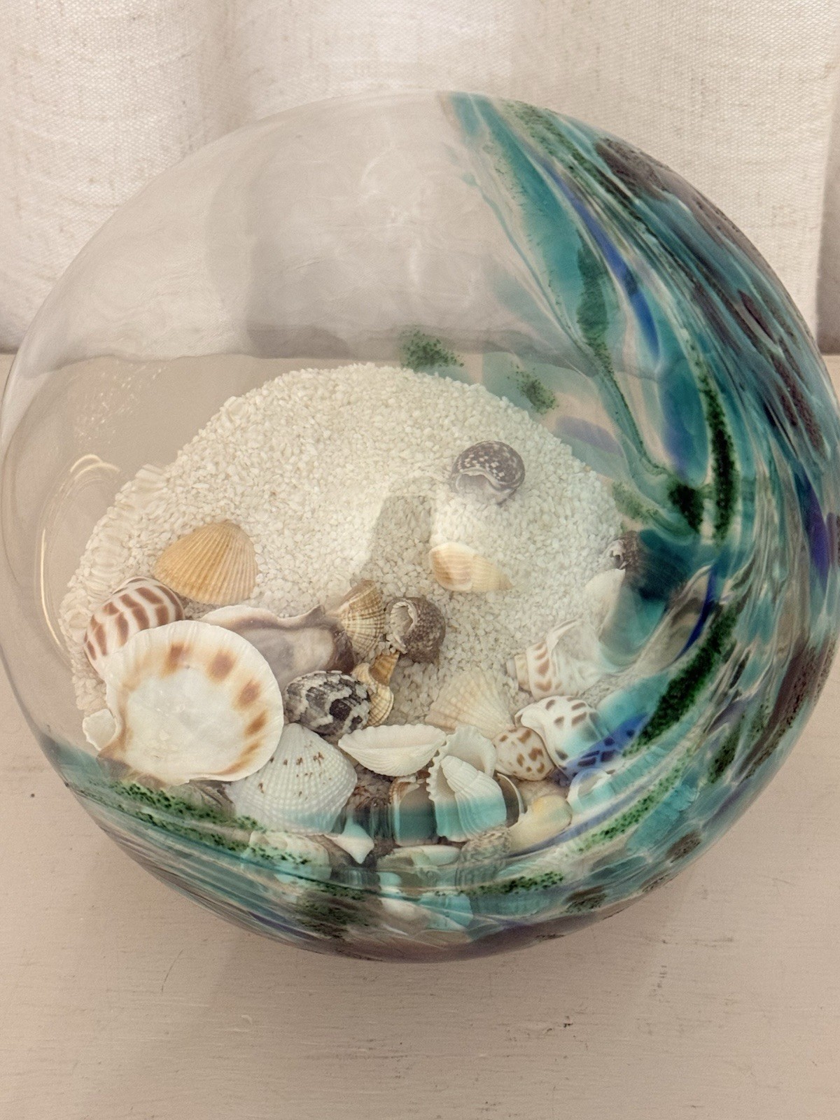 Large HQT 7” Art Glass Sea Globe Beach Paperweight Sand Shells Teal Blue