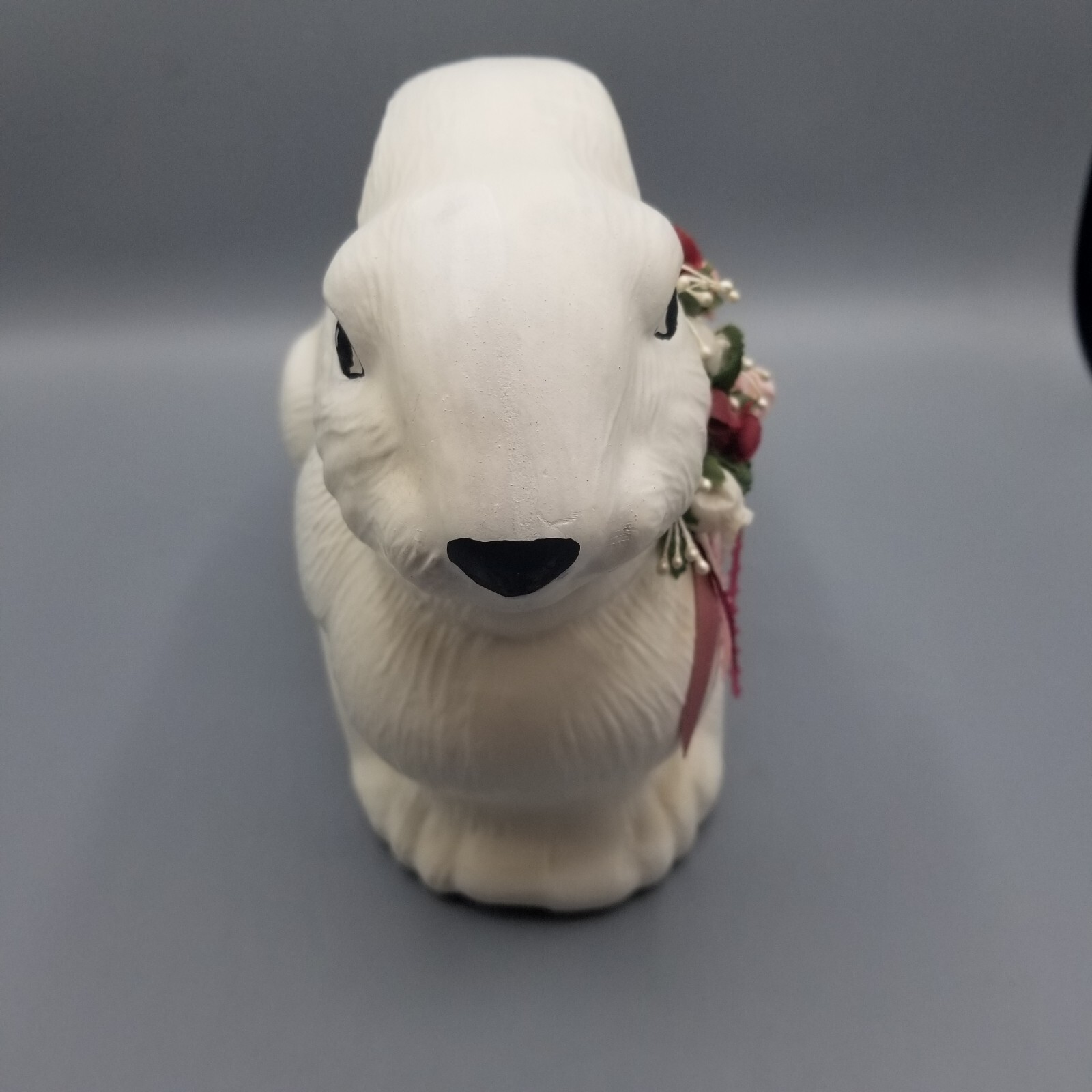 Vtg Large Rabbit Bunny White Matte Ceramic Hand Painted Flower Ribbon 8″ READ