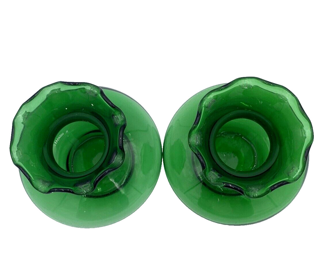 Pair – 1950’s Vintage Anchor Hocking Forest Green Short Vases, Crimped Rim, 3.5″
