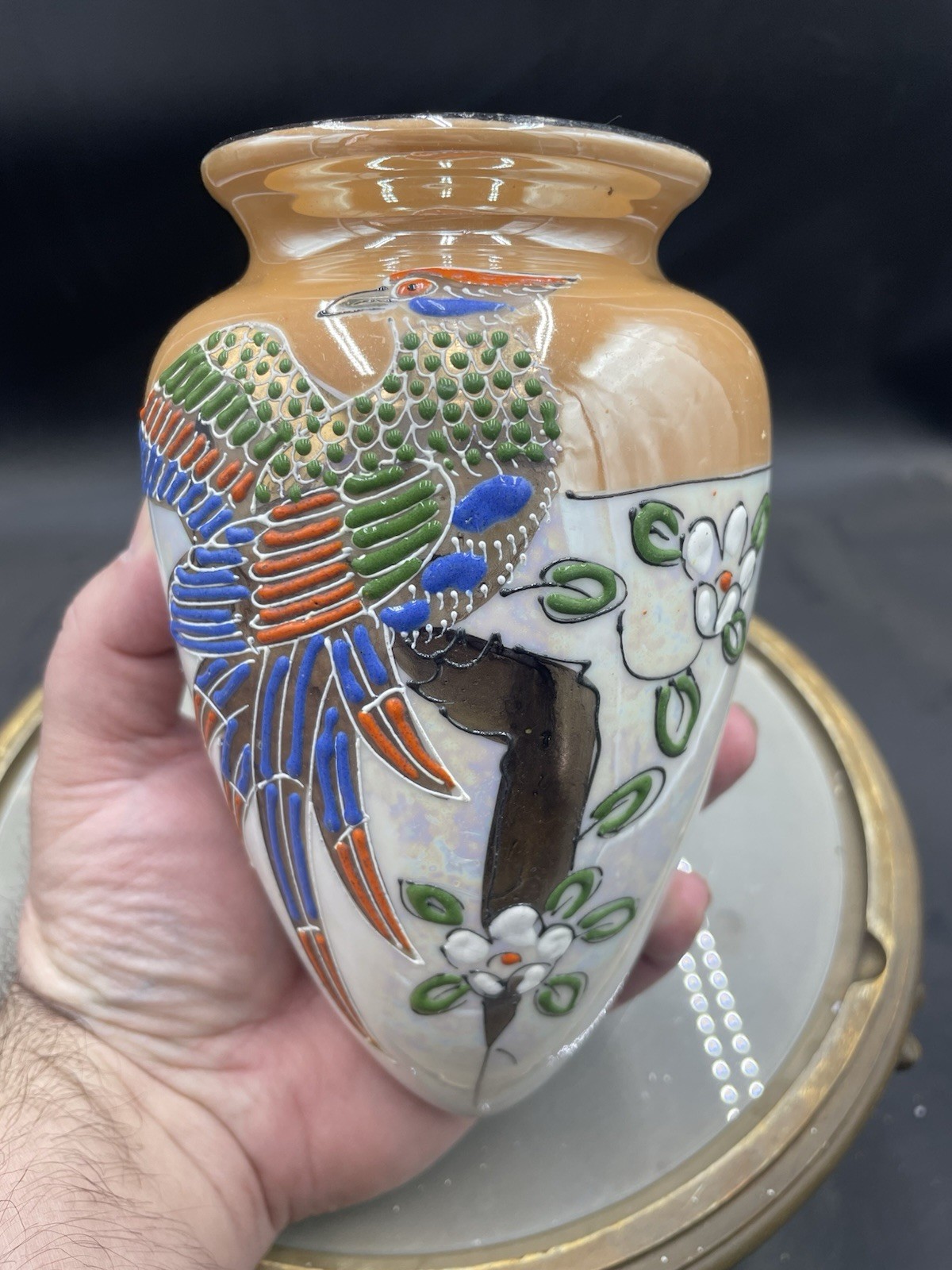 Vintage Japan Bird On Branch And Floral Lusterware Ceramic Wall Pocket 7” VG