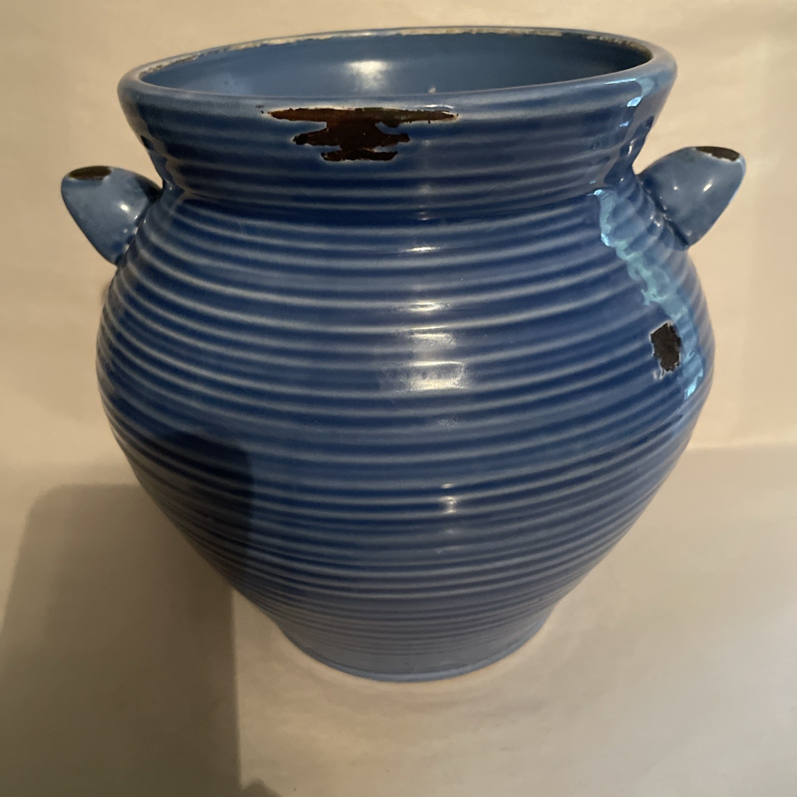 Vintage Art Deco Blue Art Pottery Vase Or Planter Ribbed Design Small Handles