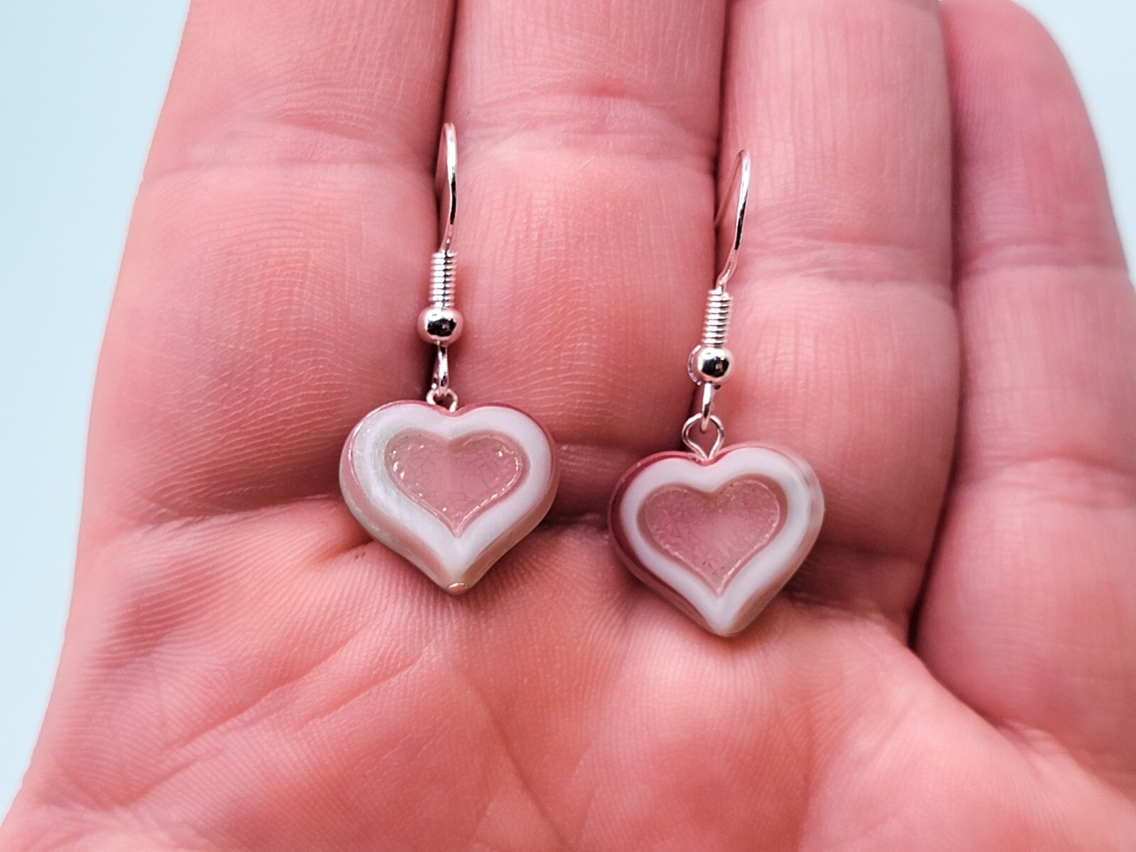 Sterling Uranium Glass Earrings Large Pink Heart 925 Silver