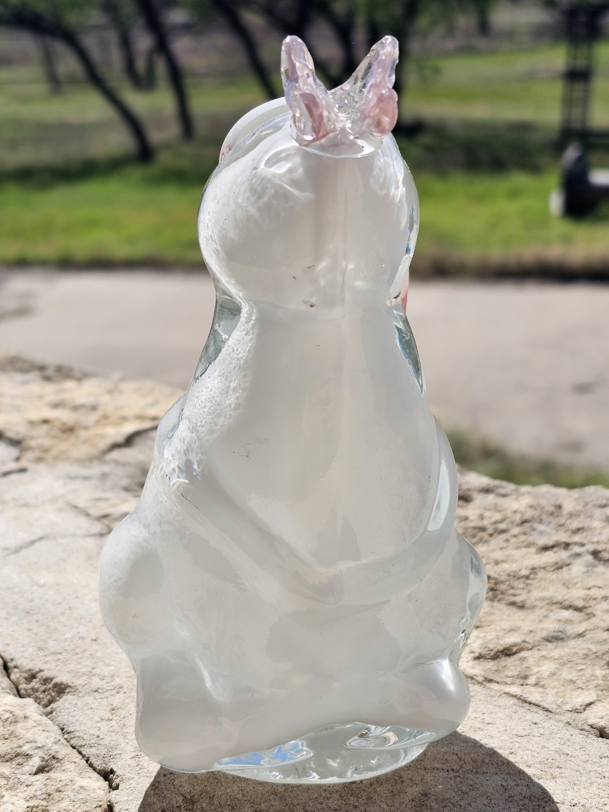 Vintage Sommerso Art Glass Bunny & Butterfly Figure Easter Spring White Pink EUC