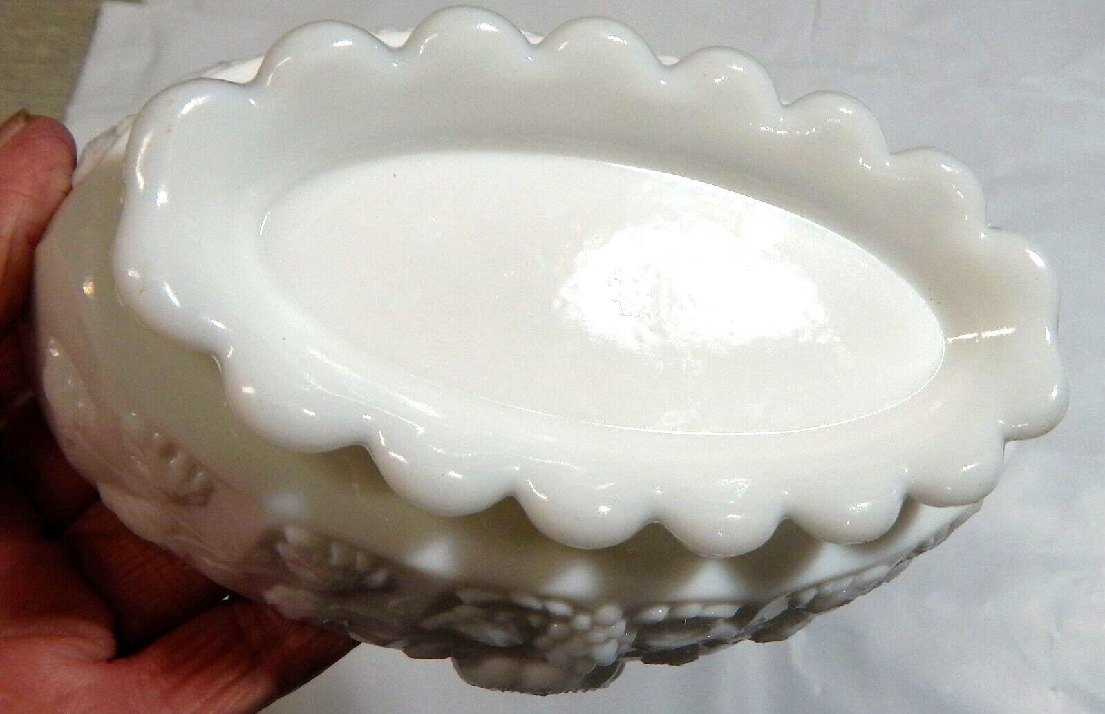 Split Handle Basket Candy Dish Westmoreland Paneled Grape Milk Glass 1940-1984