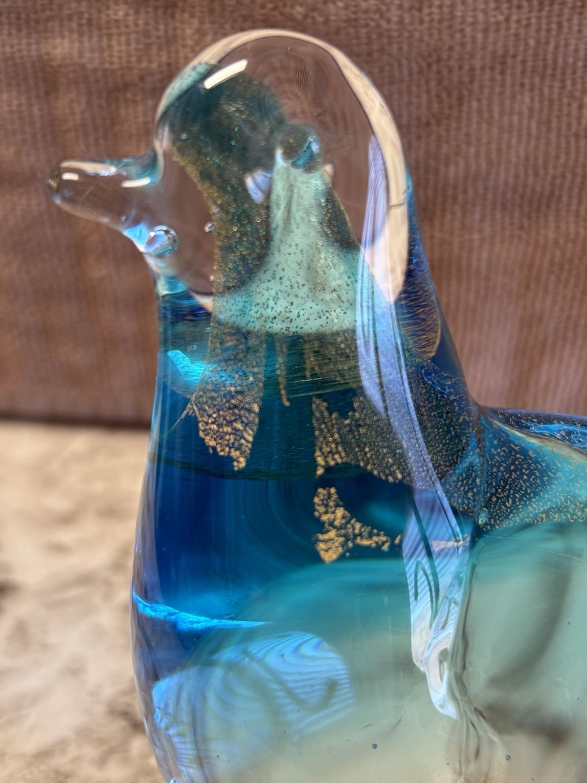 Clear and blue glass bird figure with gold flakes inside #B11