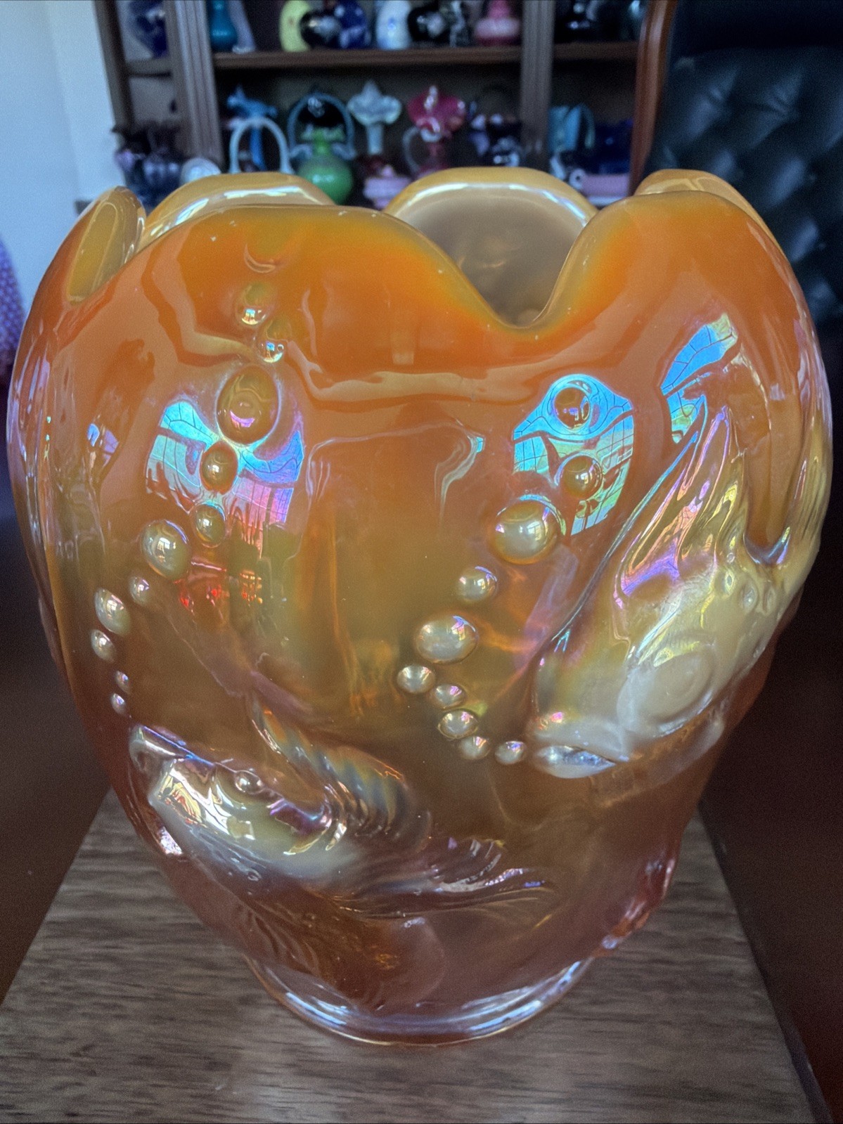 Gorgeous Fenton Iridescent Peach Opal Carnival Atlantis Koi Fish Vase Signed VTG