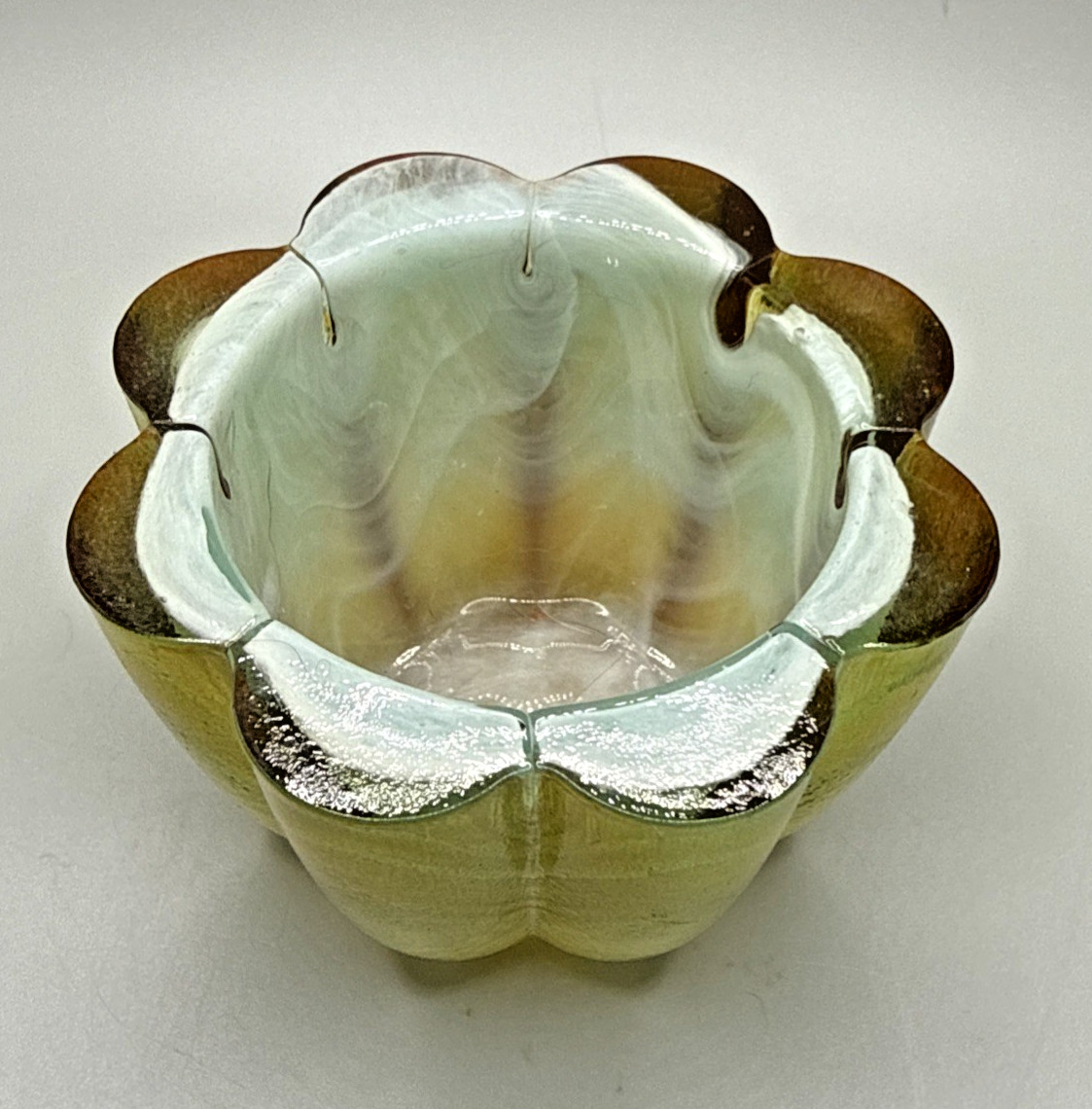 Heavy Glass Candle Votive Light Blue Amber Swirl Scalloped 87F-1750W