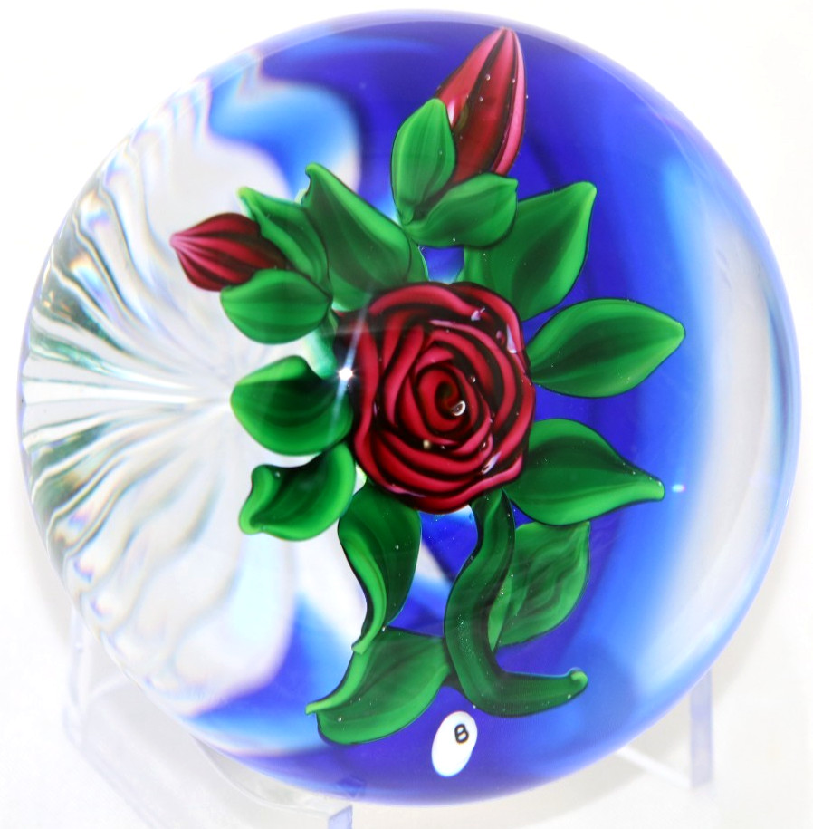 GORGEOUS Ray BANFORD Crimped Red ROSE over Star Cut Base Art Glass PAPERWEIGHT