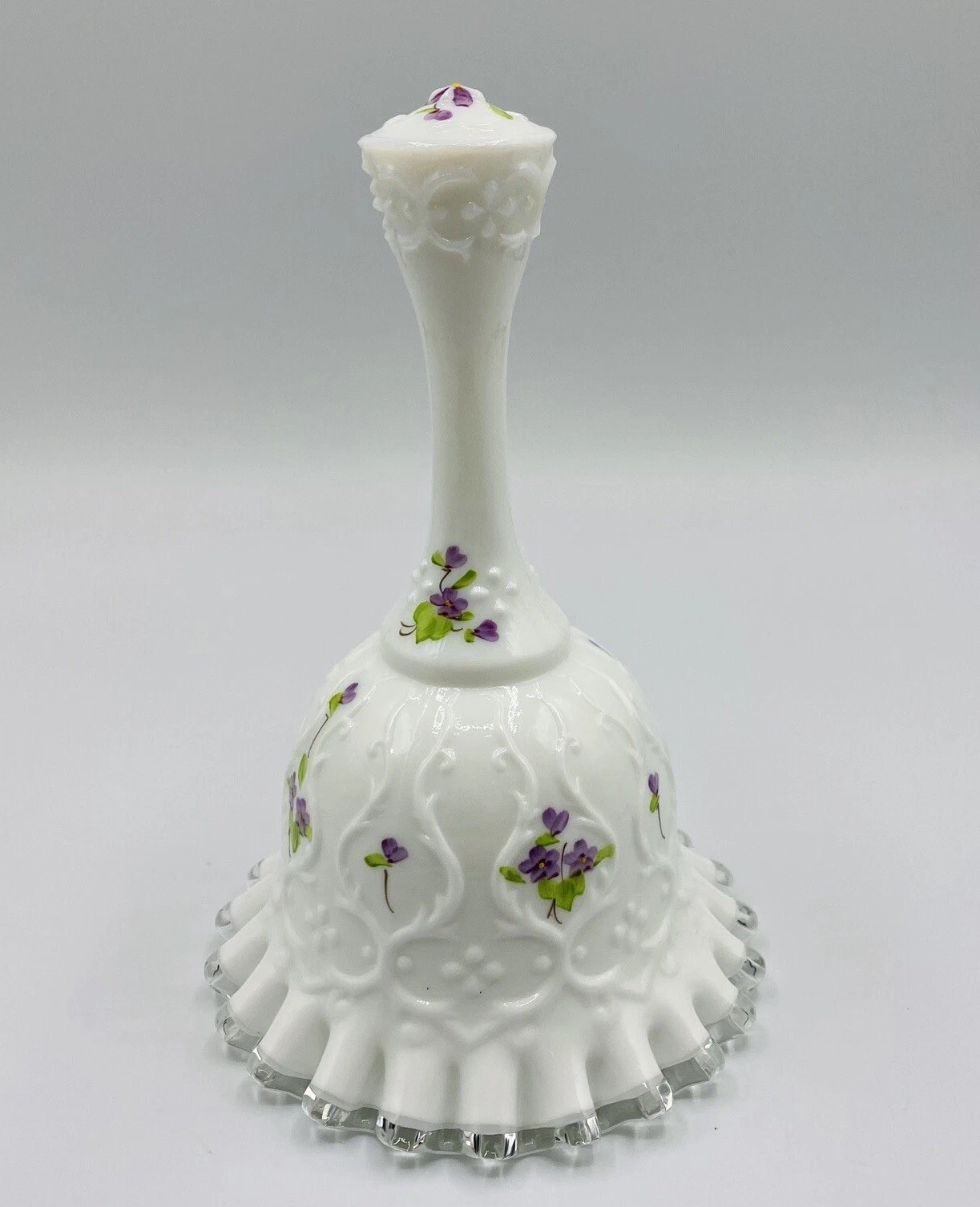 VTG Fenton Milk Glass Violets in Snow Spanish Lace Bell Silver Crest Signed 6”