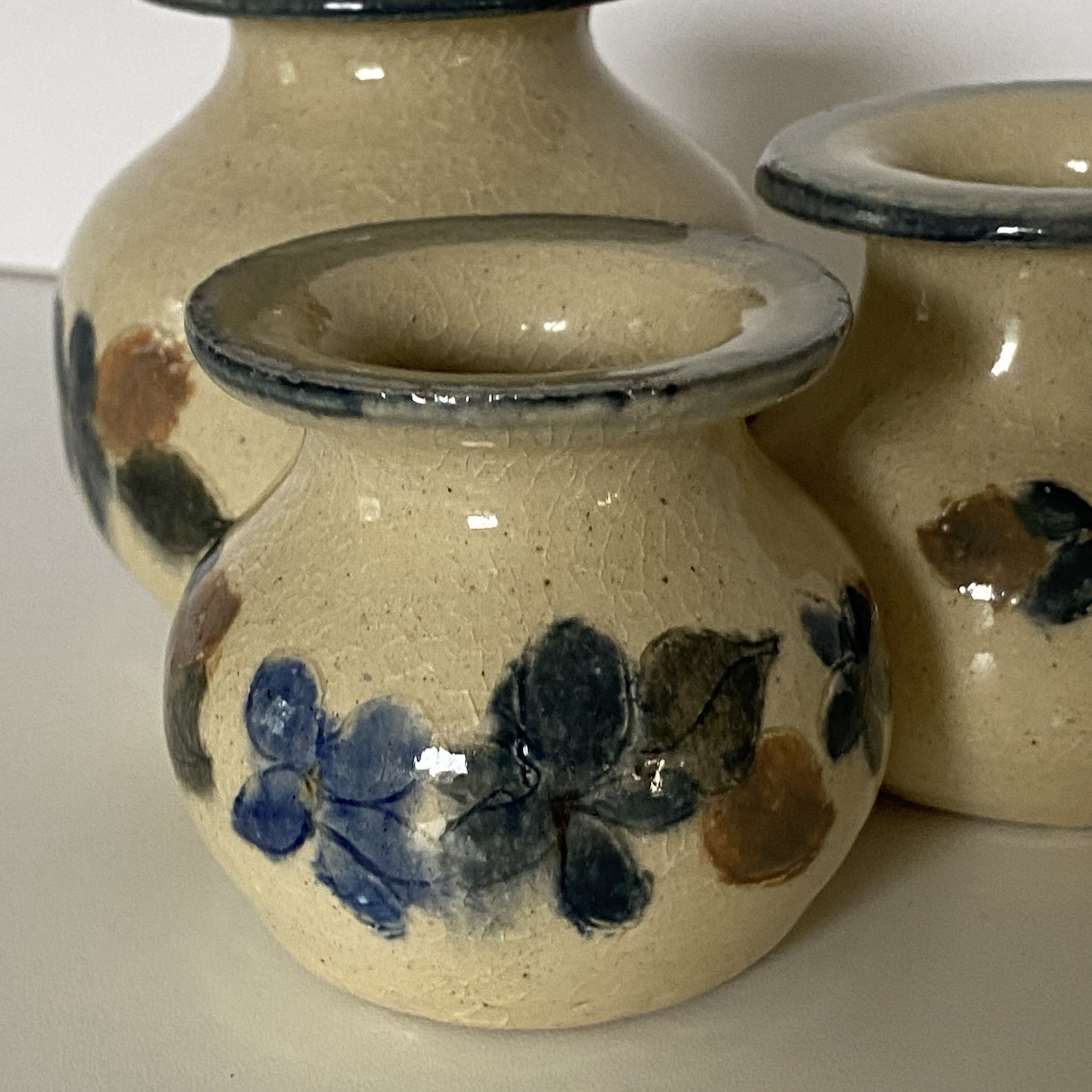 Handmade Art Pottery Small Bud Vase 3 Attached Beige Blue Flowers 3” Signed EUC