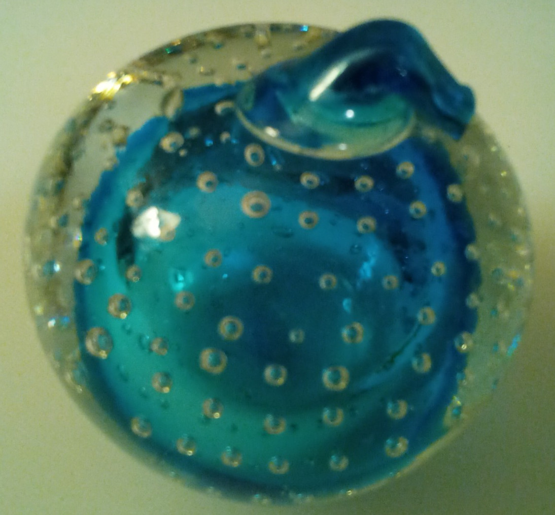 Art Glass Paperweight Ball Orb Clear and Blue With Bubbles