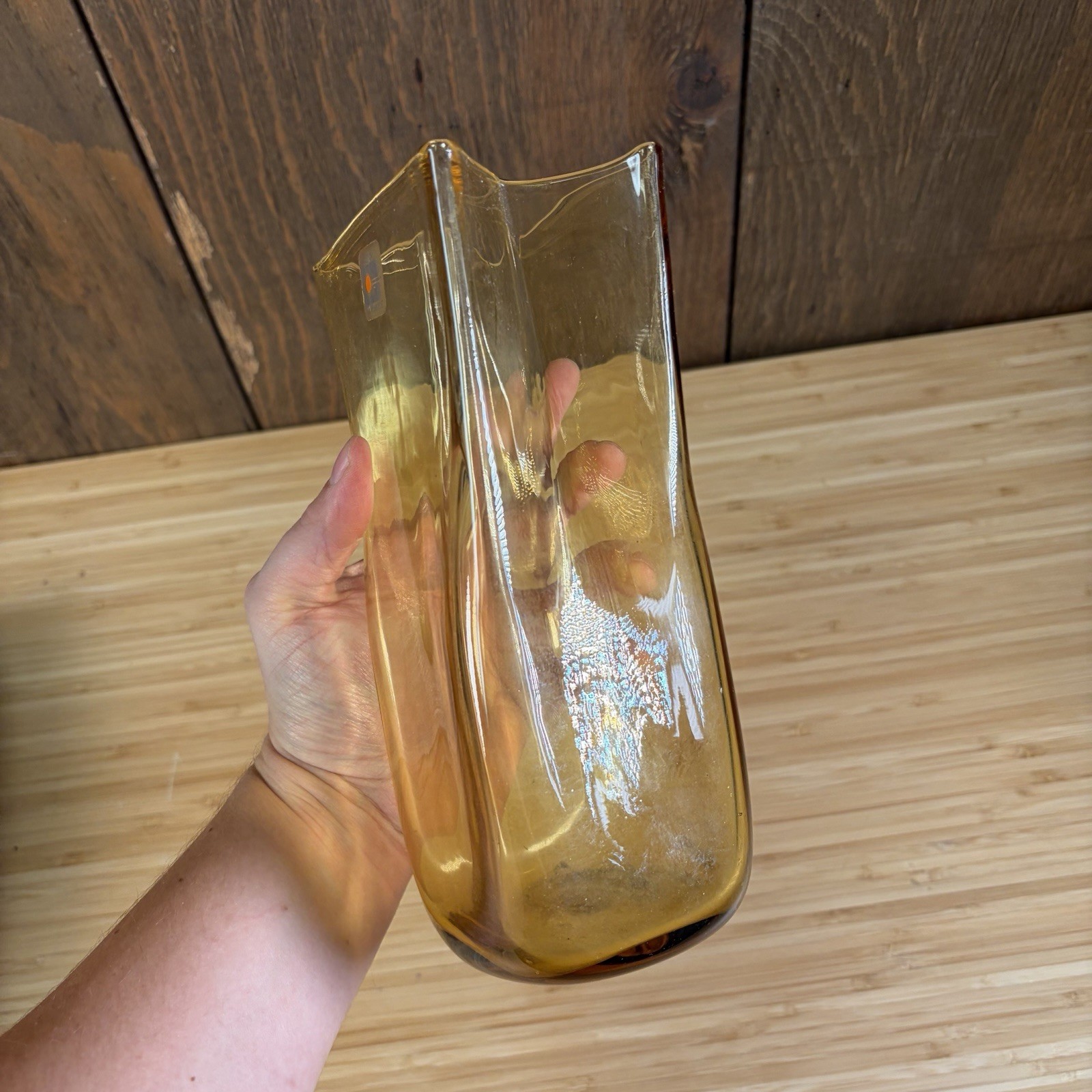 Blenko Glass 8813 Amber Paper Bag Vase With Label USA Approx 8 1/4”H
