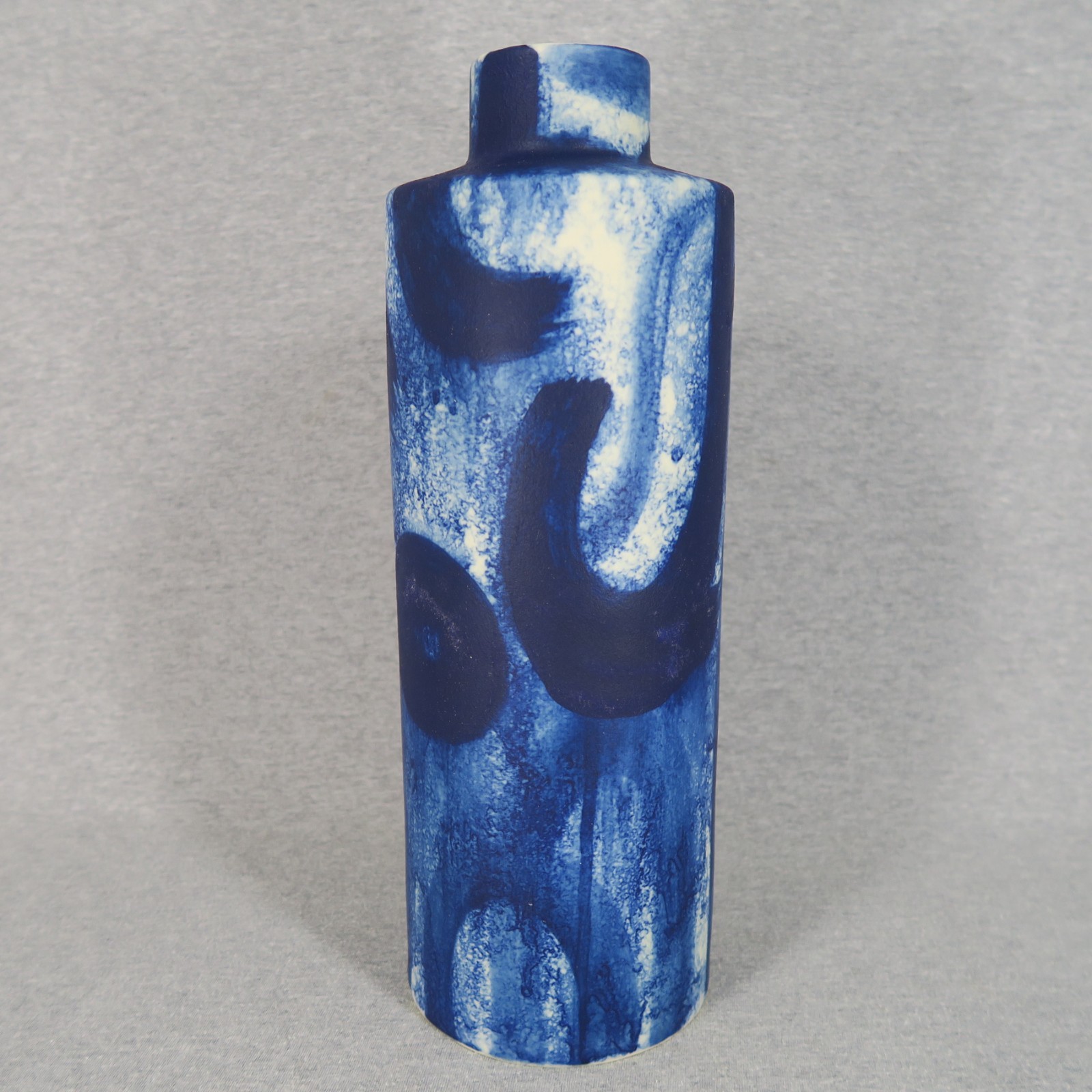 Art Pottery Vase 14″ Cobalt Blue White Matte Glaze Abstract Modern Contemporary