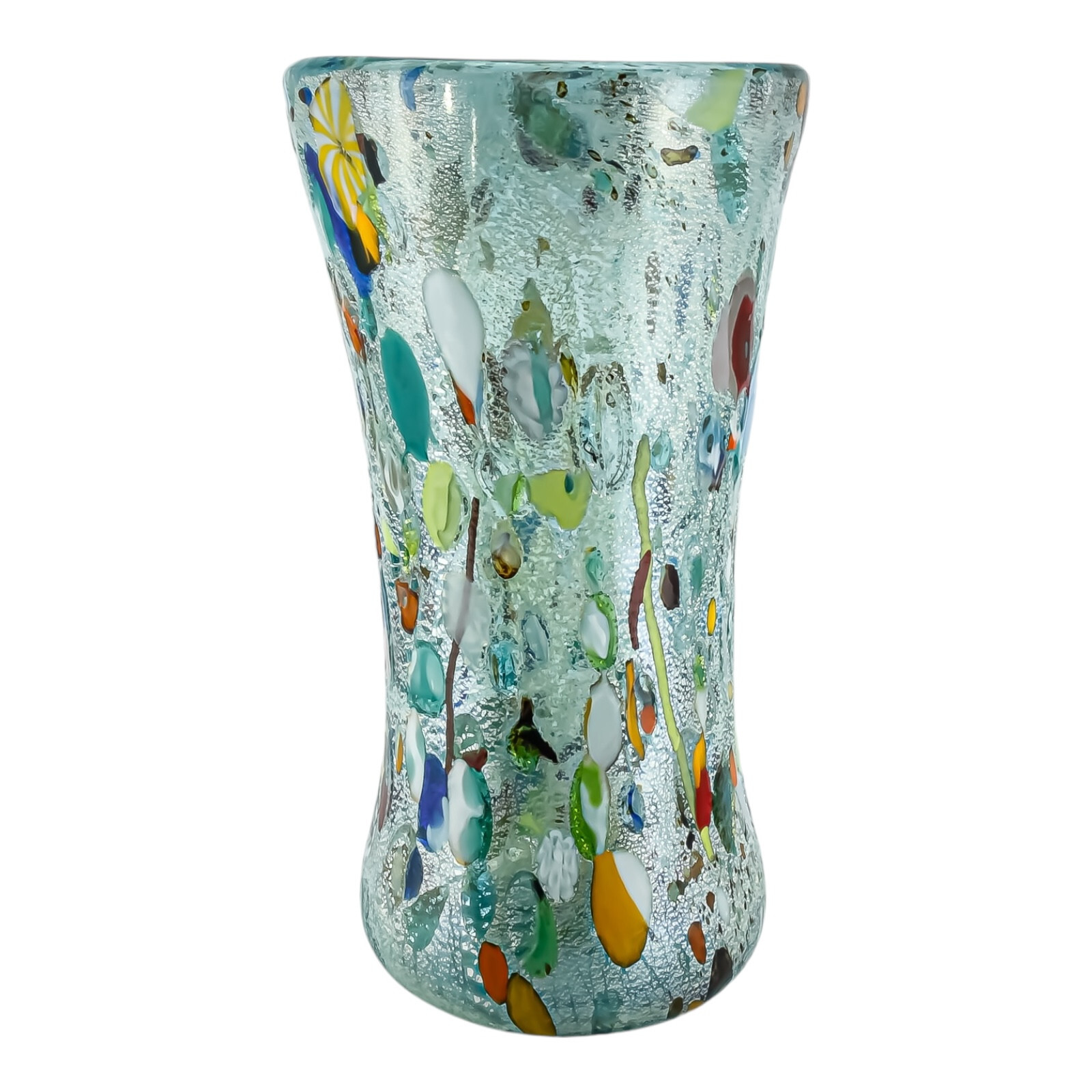 Murano Glass Vase Light Blue Multi Coloured Handmade Blown Millefiori 25cm