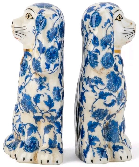 Staffordshire Reproduction Spaniel Blue Floral Dogs Pair Figurines-6”H