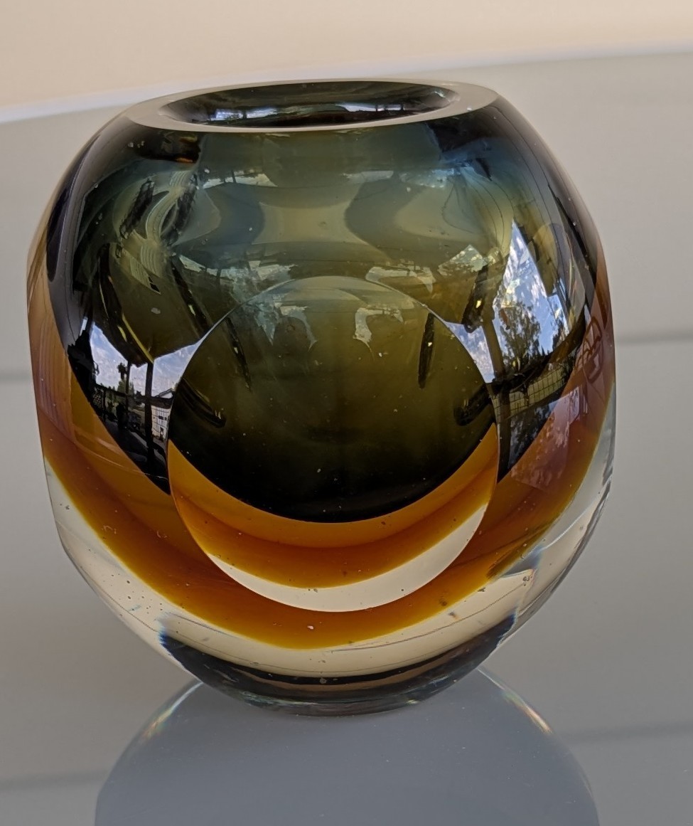 Vintage Murano Sommerso Art Glass Candle Holder Faceted Ball Green Amber Vase