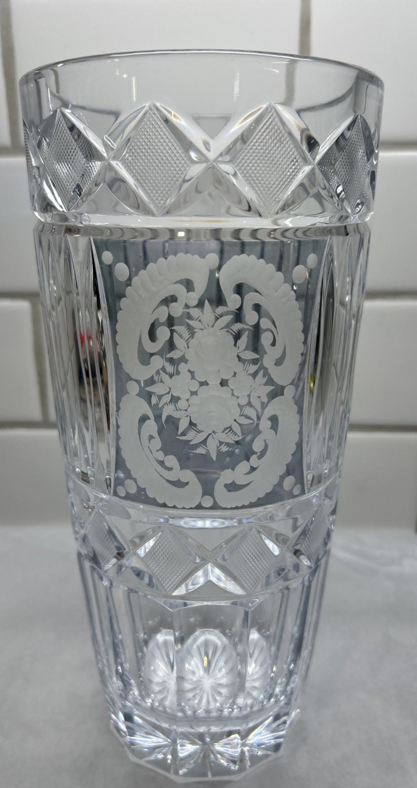 Large Beautiful Vintage Etched Baccarat Vase, Signed. Lovely Detail