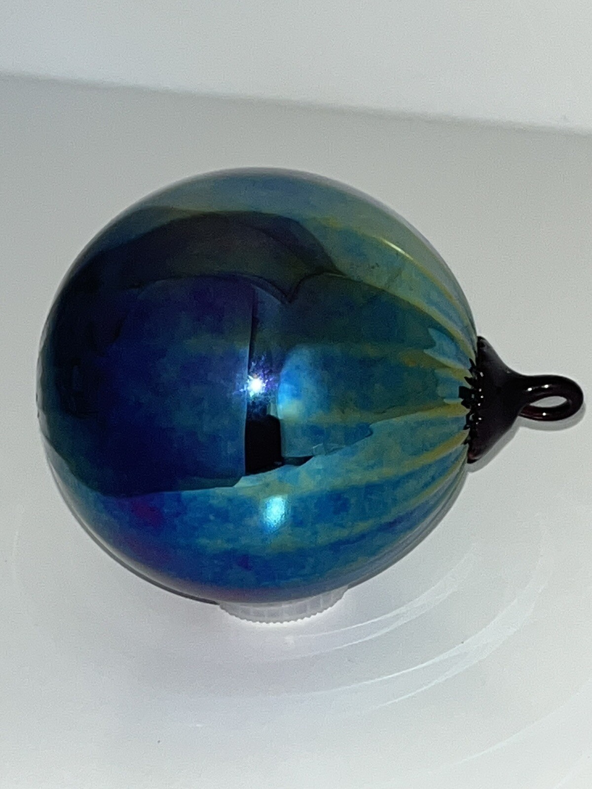 4″x 3” Hand Blown Glass Orb Gazing Suncatcher Ball Ornament Ribbed Purple Blue