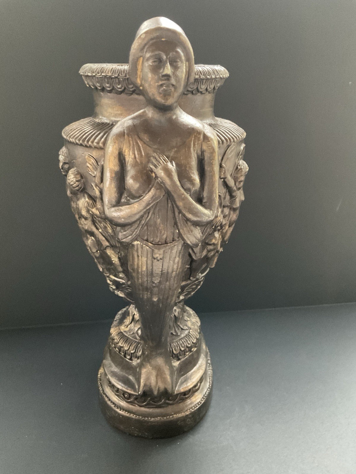 Bronze LOOK Vase with People Mermaid Jester Handles – 14 Inches Tall X 12 Wide