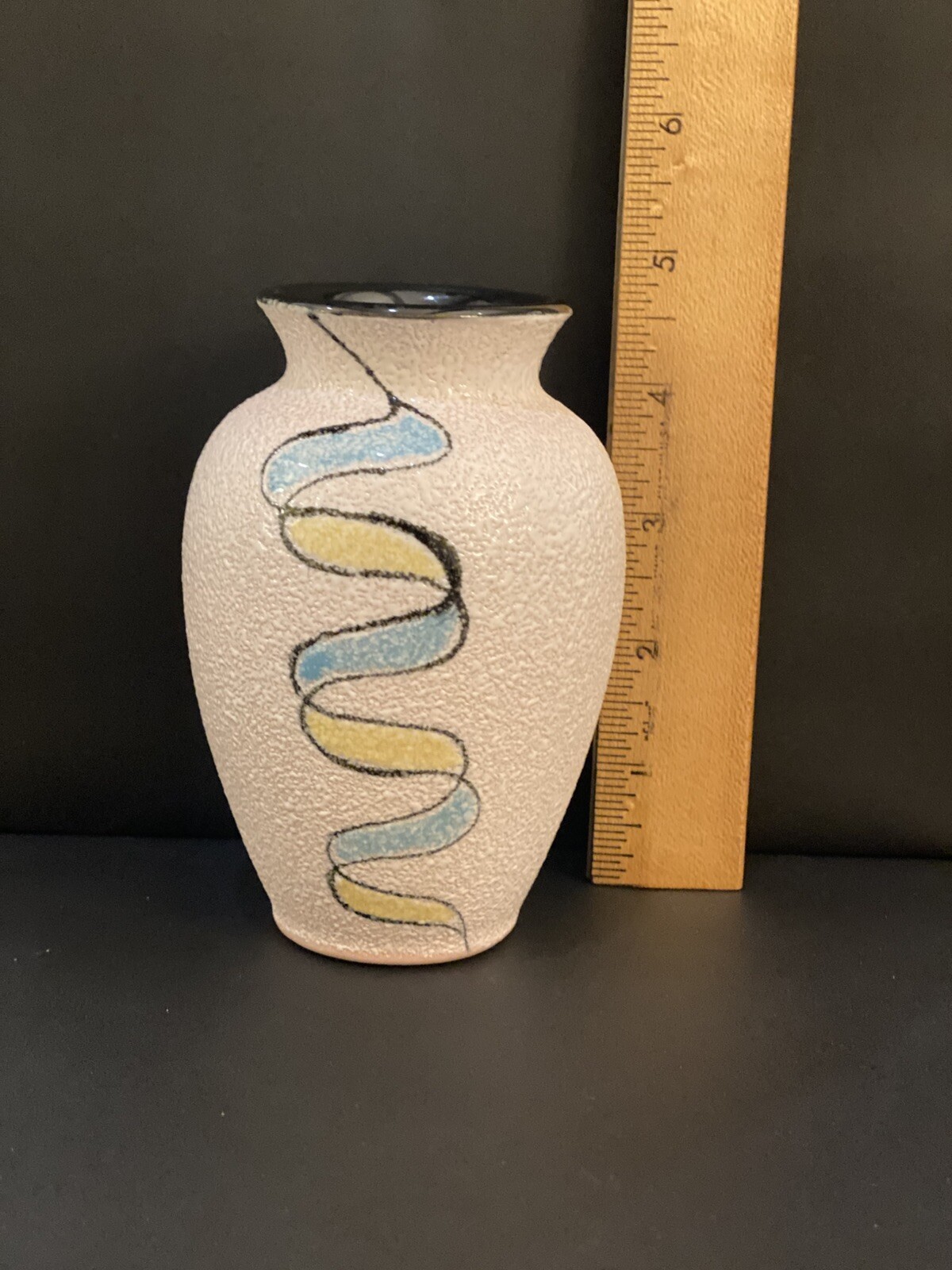 Mid Century Modern Enamel Textured Small Pale Pink And White Vase Abstract 5”