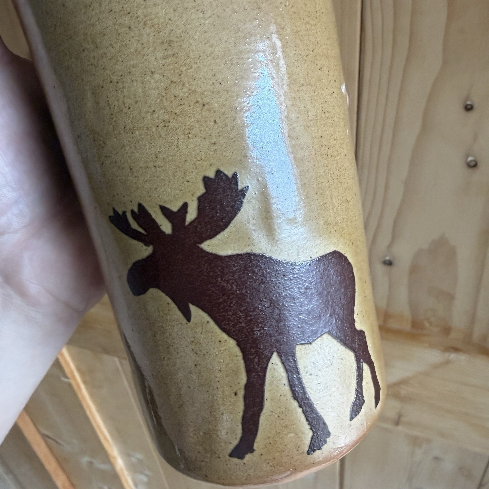 Monroe Salt Works Maine Moose Pottery Vase Cream Brown Signed 8 x 5 inches