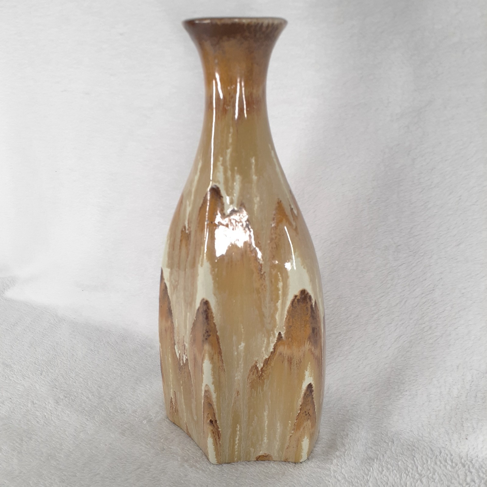 14 Inch Ceramic Brown & Tan Glossy Drip Glaze Vase With Snakeskin Design
