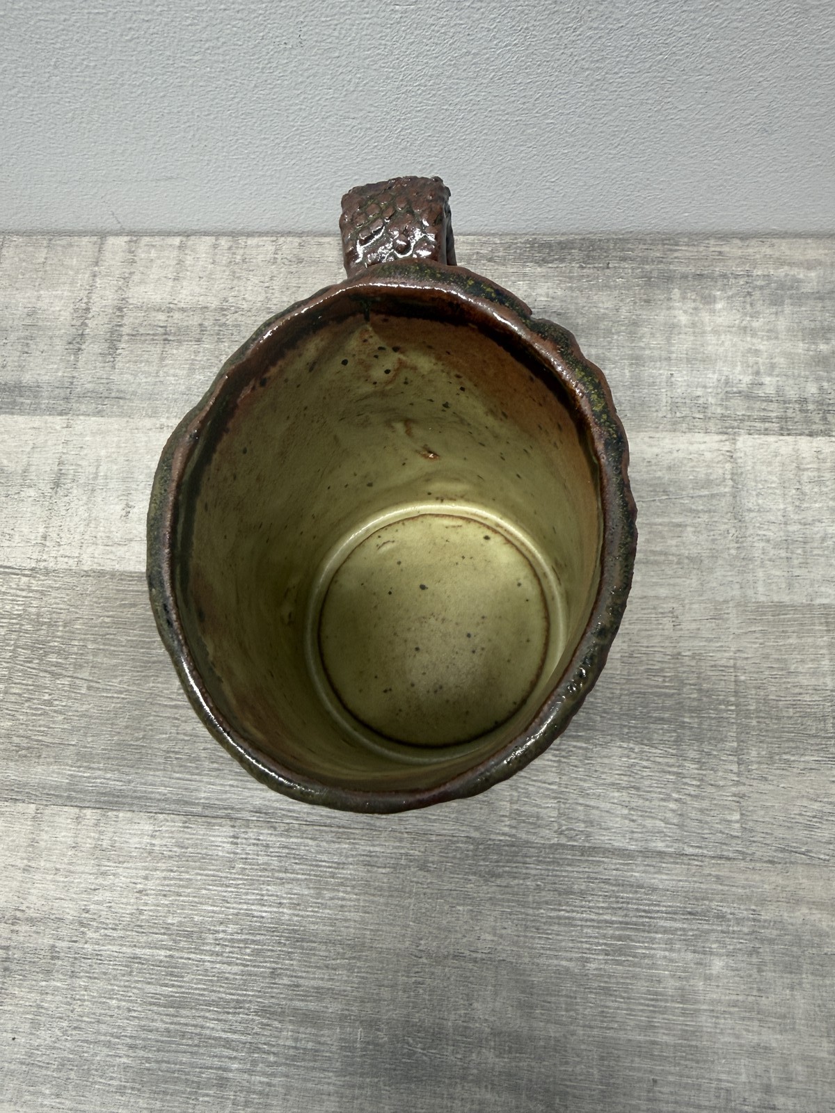 Handmade Studio Pottery Mug Textured Brown Red Glaze Rustic Signed MJ Art Coffee
