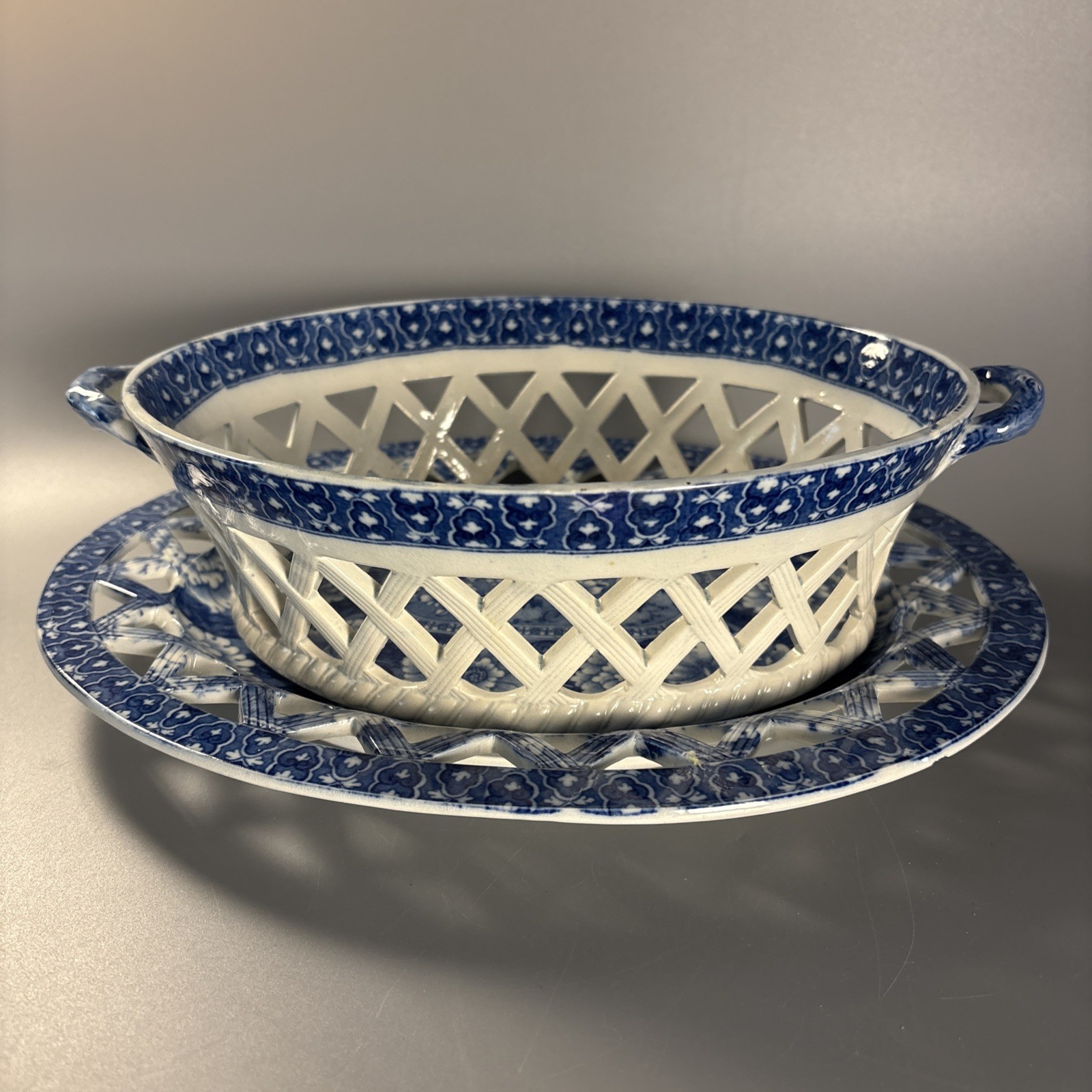 19th Cen Staffordshire Dark Blue Transfer Pearl Glaze Reticulated Basket & Tray