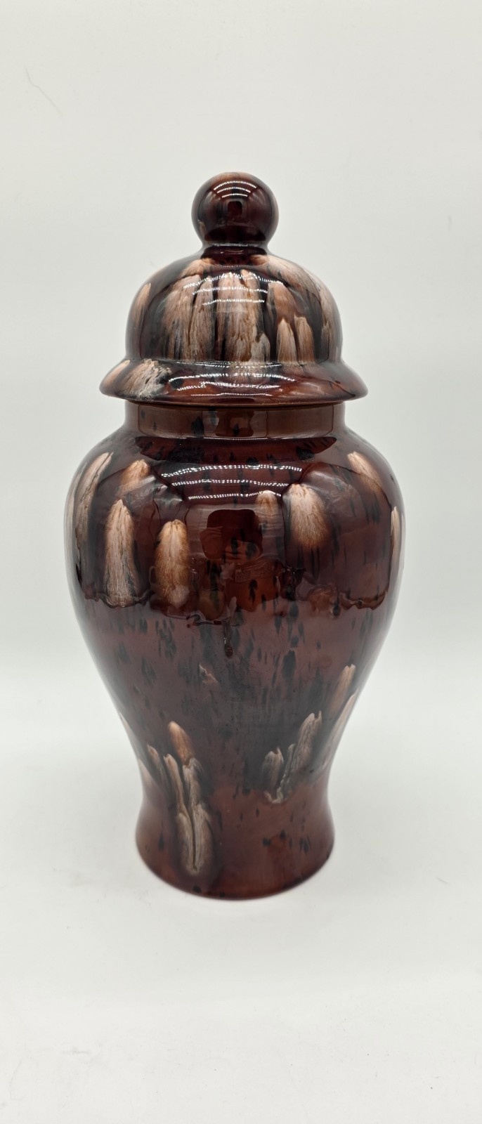 ​Large 14″ Studio Art Pottery Crystalline Vase / Ginger Jar Lidded Urn Brown 80s