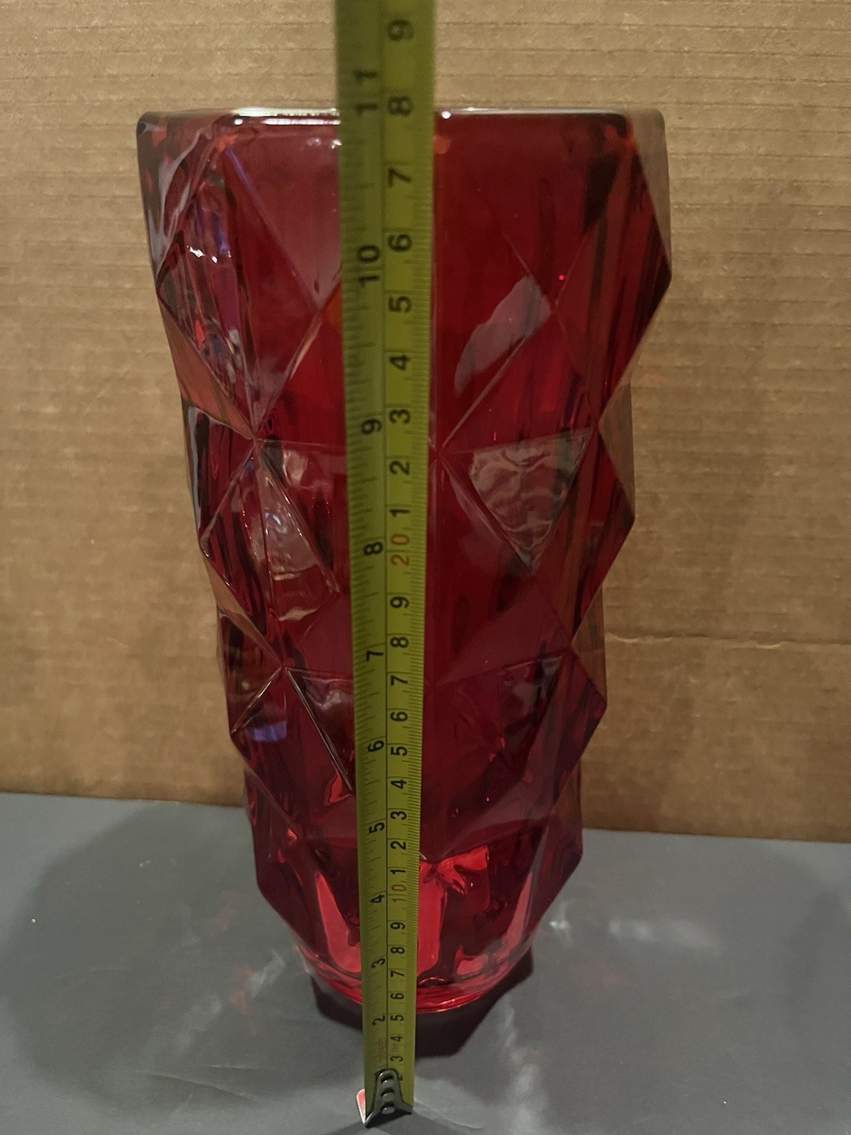Ruby Red Ribbed Diamond Pattern Crystal Glass Vase Heavy Elegant Quality .