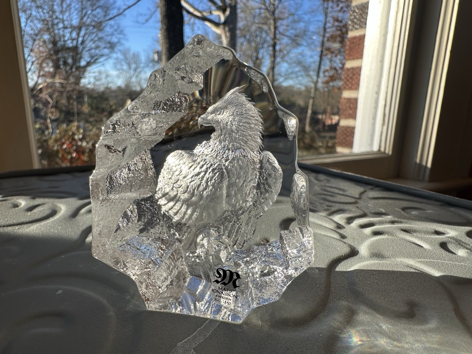 Mats Jonasson Signed Lead Crystal Bald Eagle Paperweight 2.5″