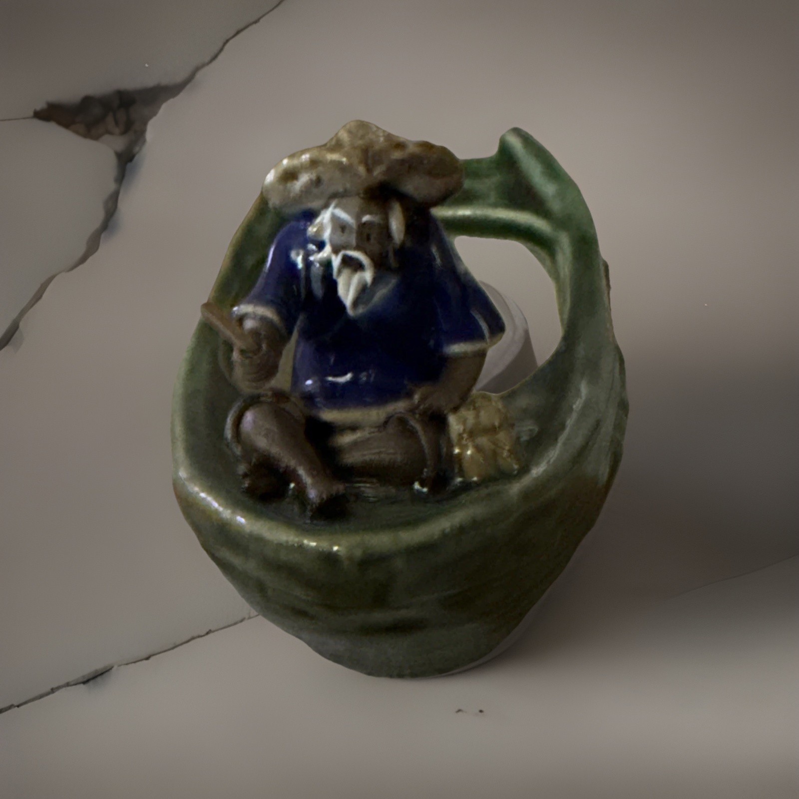 Green Glossy Ceramic Pottery Boar Shape Planter Bowl w/ Fisherman Figurine