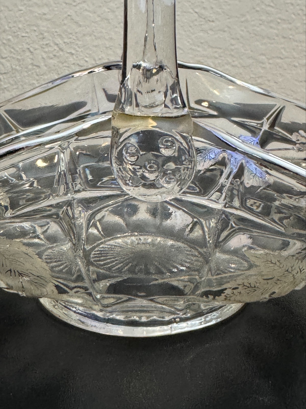 Vintage Cut Crystal Basket Silver Overlay Leaf Design Starburst Base Mid-Century