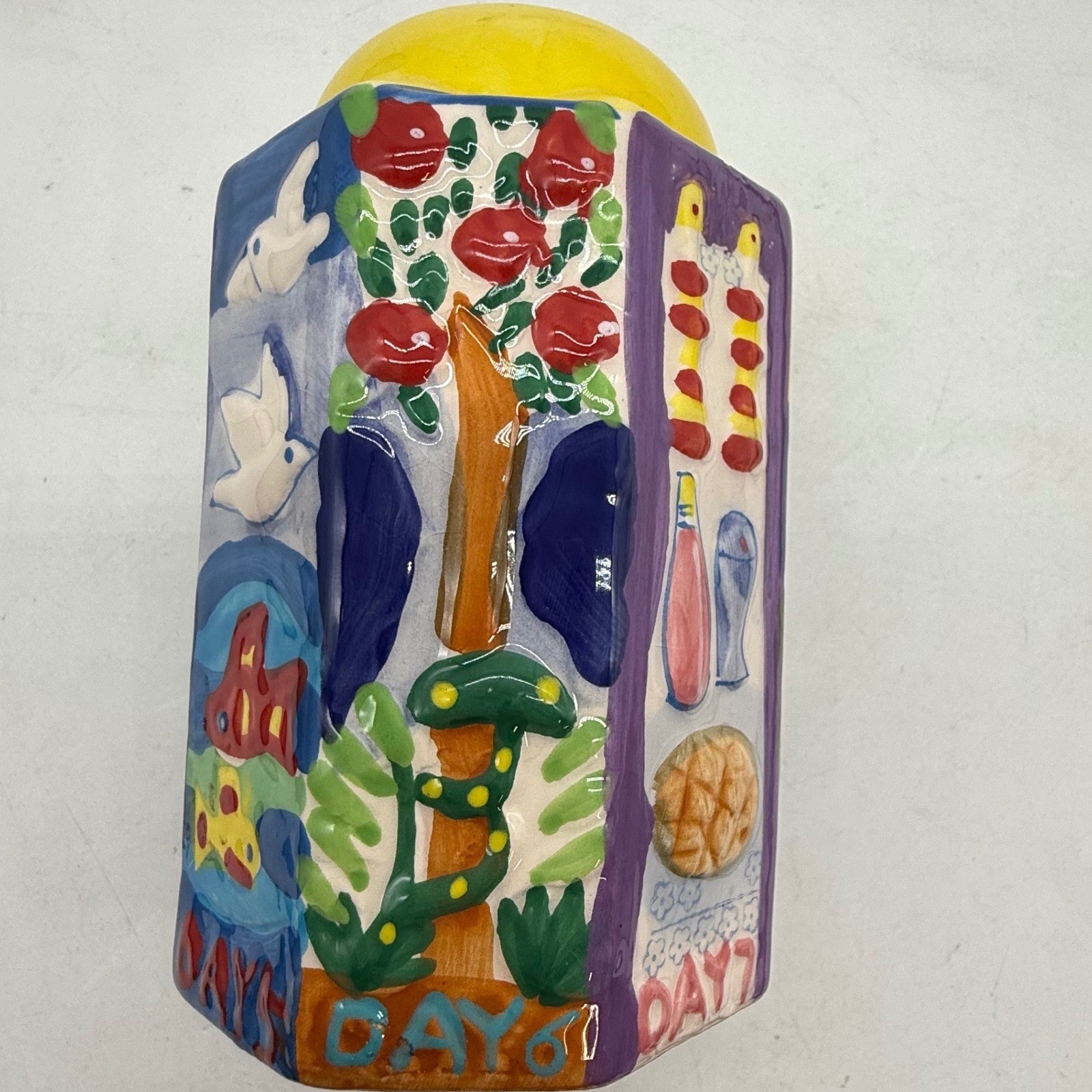 Hand Painted Ceramic Seven Days of Creation Hexagonal Piggy Bank Tzedakah Box