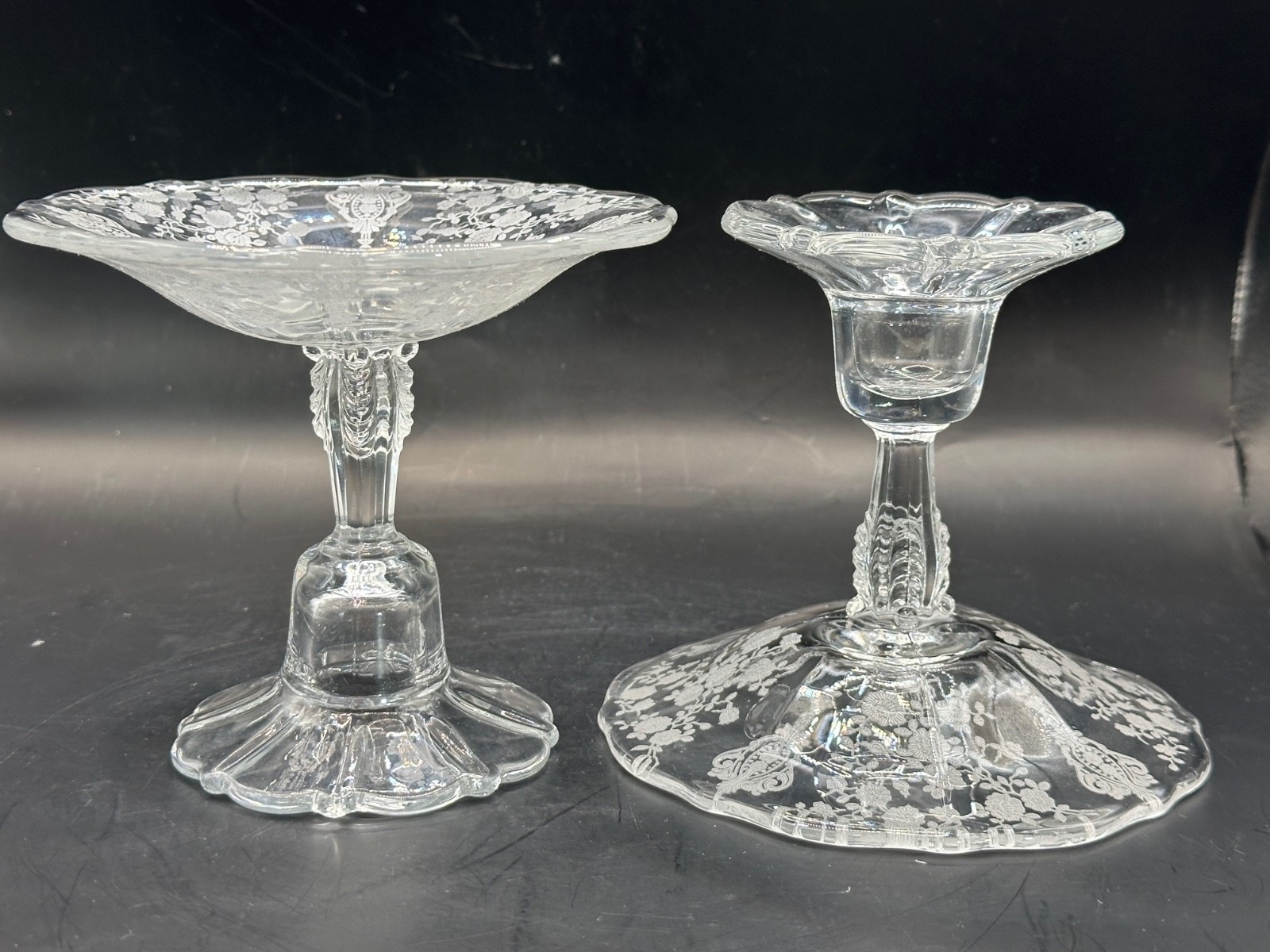 Pair Candle Holder Candlesticks by The Cambridge Glass Company Rose Point Etched