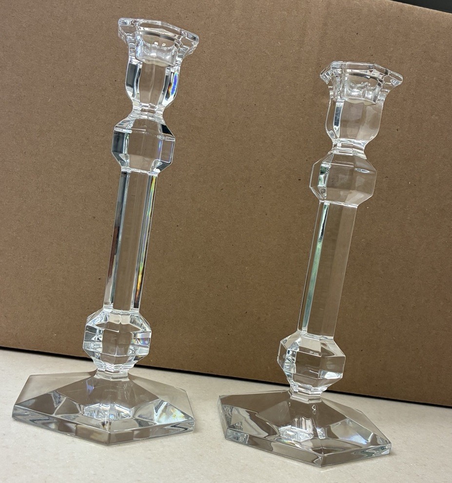 Pair of Val St Lambert Belgian Signed Cut Lead Crystal Geometric Candlesticks 9”