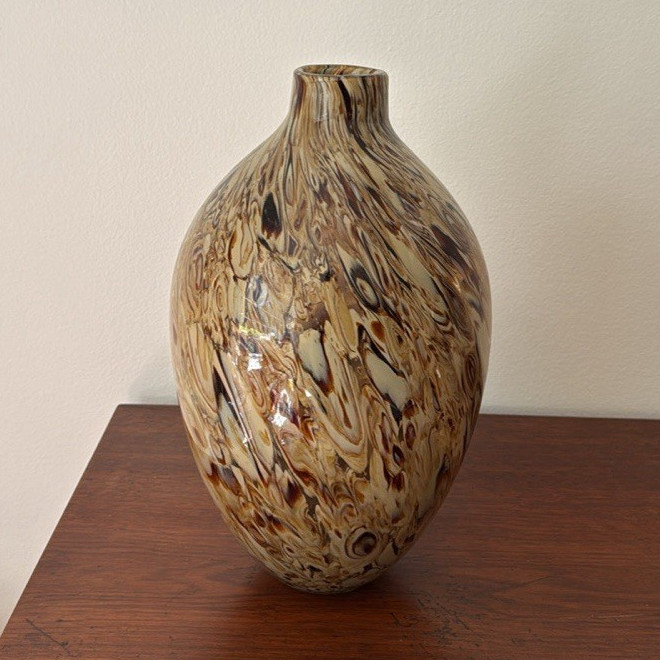 Swirl Pattern Art Glass Decorative Vase Beige Brown Black Cream Speckled