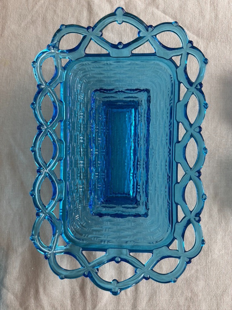 Vintage Indiana Glass Lace Edge Horizon Blue Tray ART GLASS BASKET HANDMADE