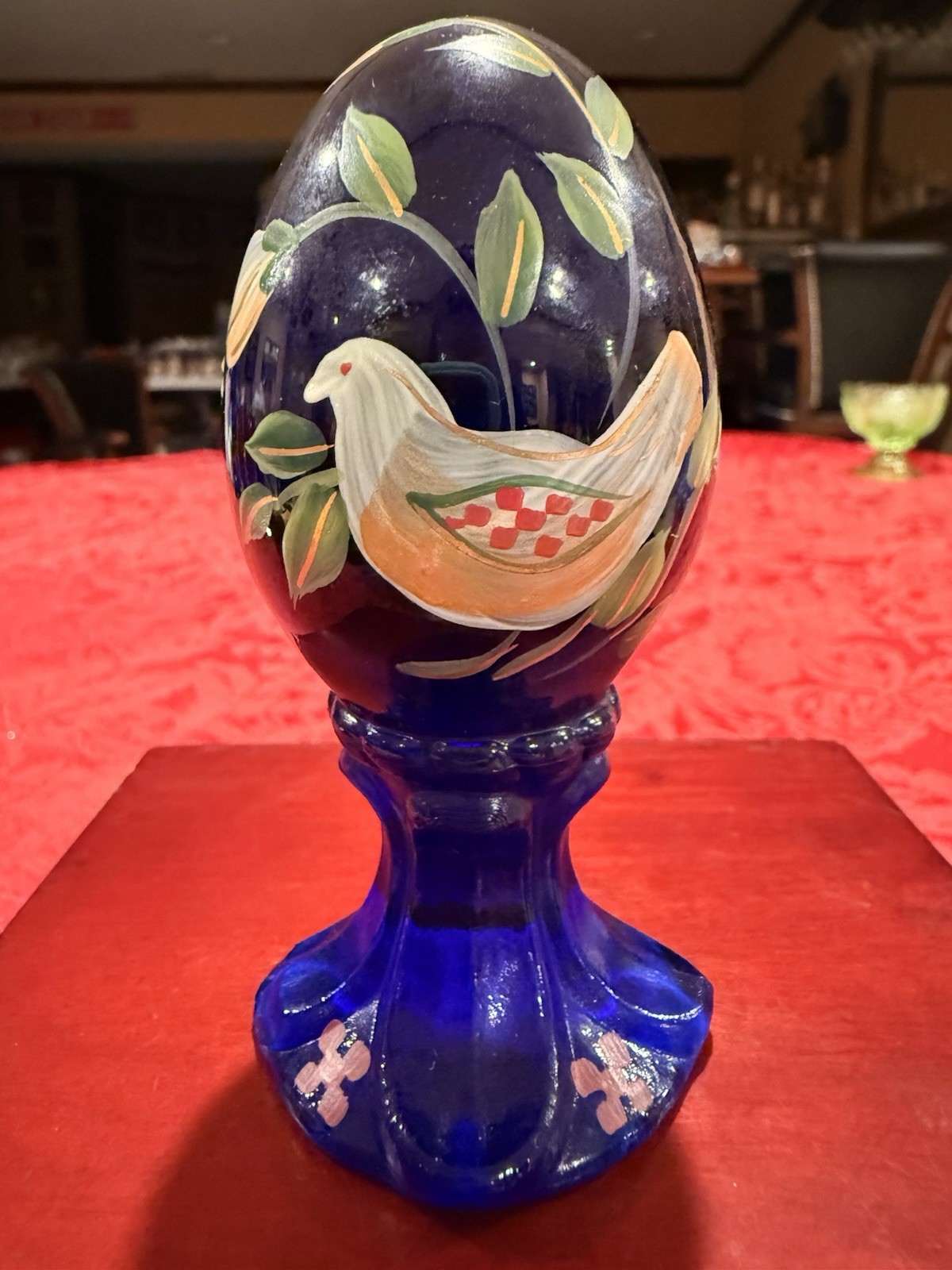 Limited Ed Fenton Hand Painted Cobalt Blue Egg On Pedestal #639/3000 Signed