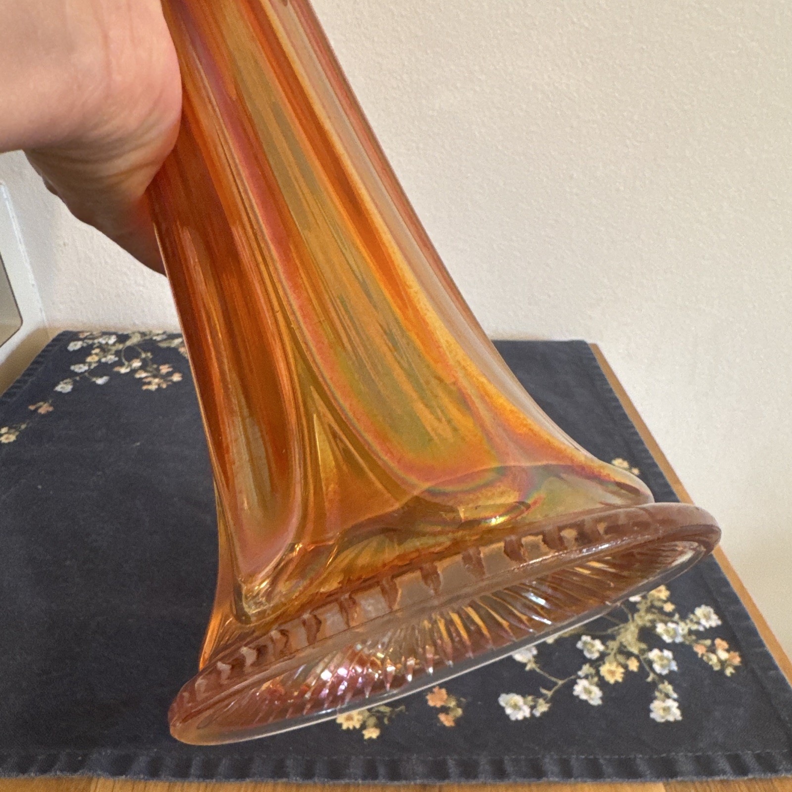 Stunning Tall 16″ Vintage Marigold Carnival Glass Swung Vase Fine Rib Iridescent