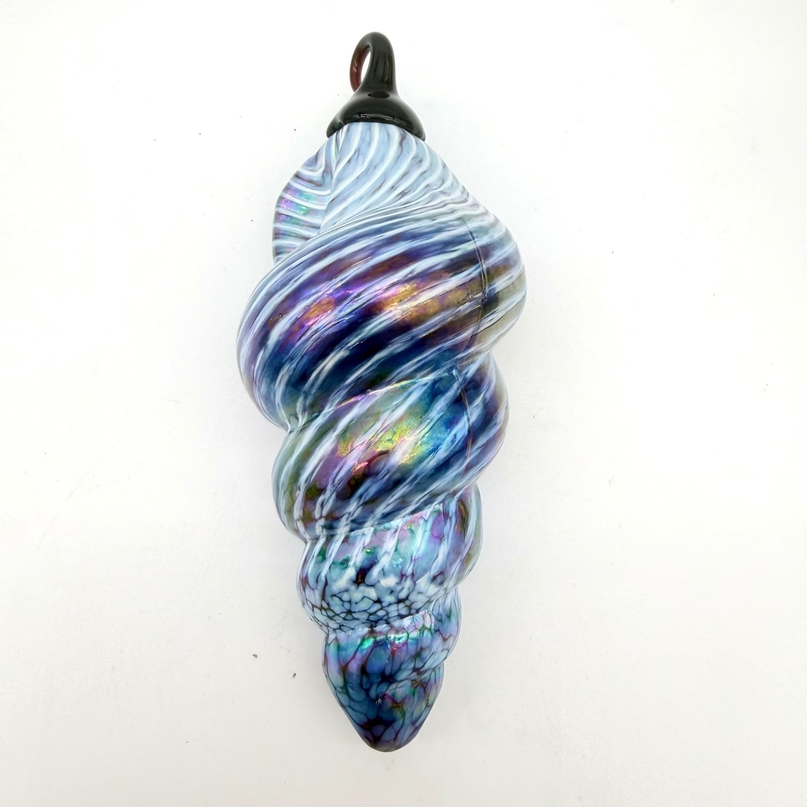 Hand Blown Art Glass Iridescent Conch Shell Ornament Blue Purple 6″ Heavy