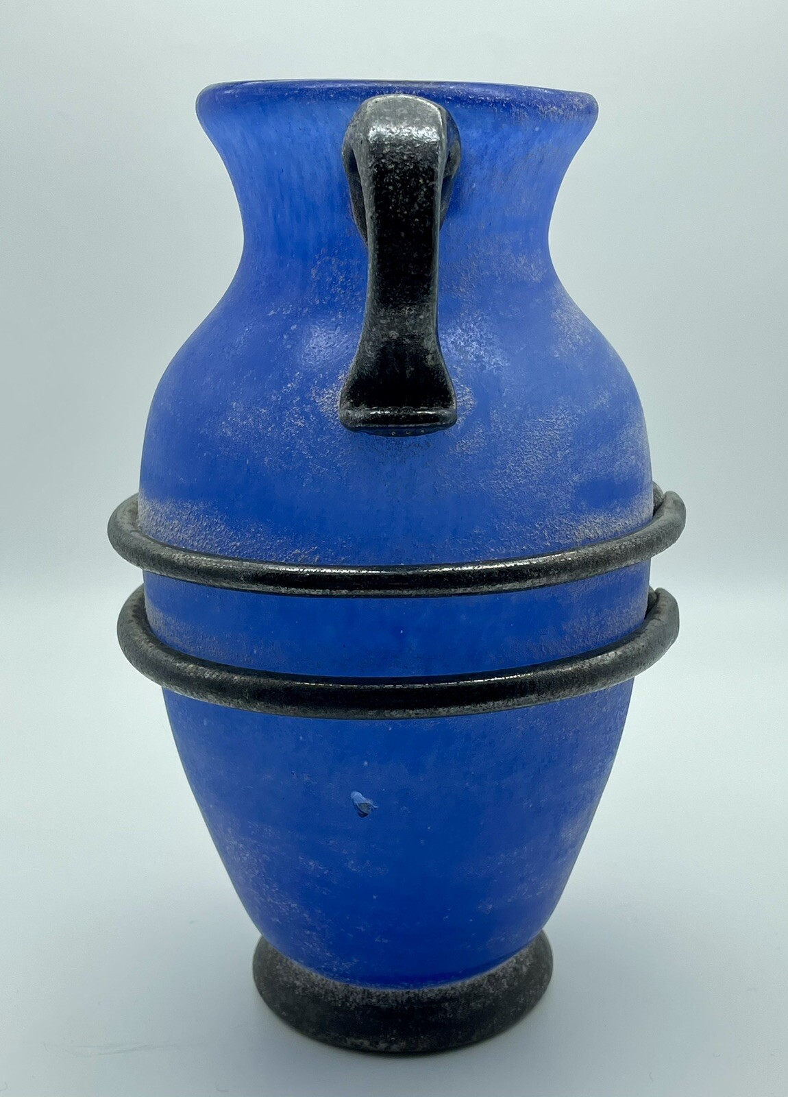 9” “Design Guild” STICKER Romania Art Glass Cobalt BLUE Handblown Urn Vase Jar