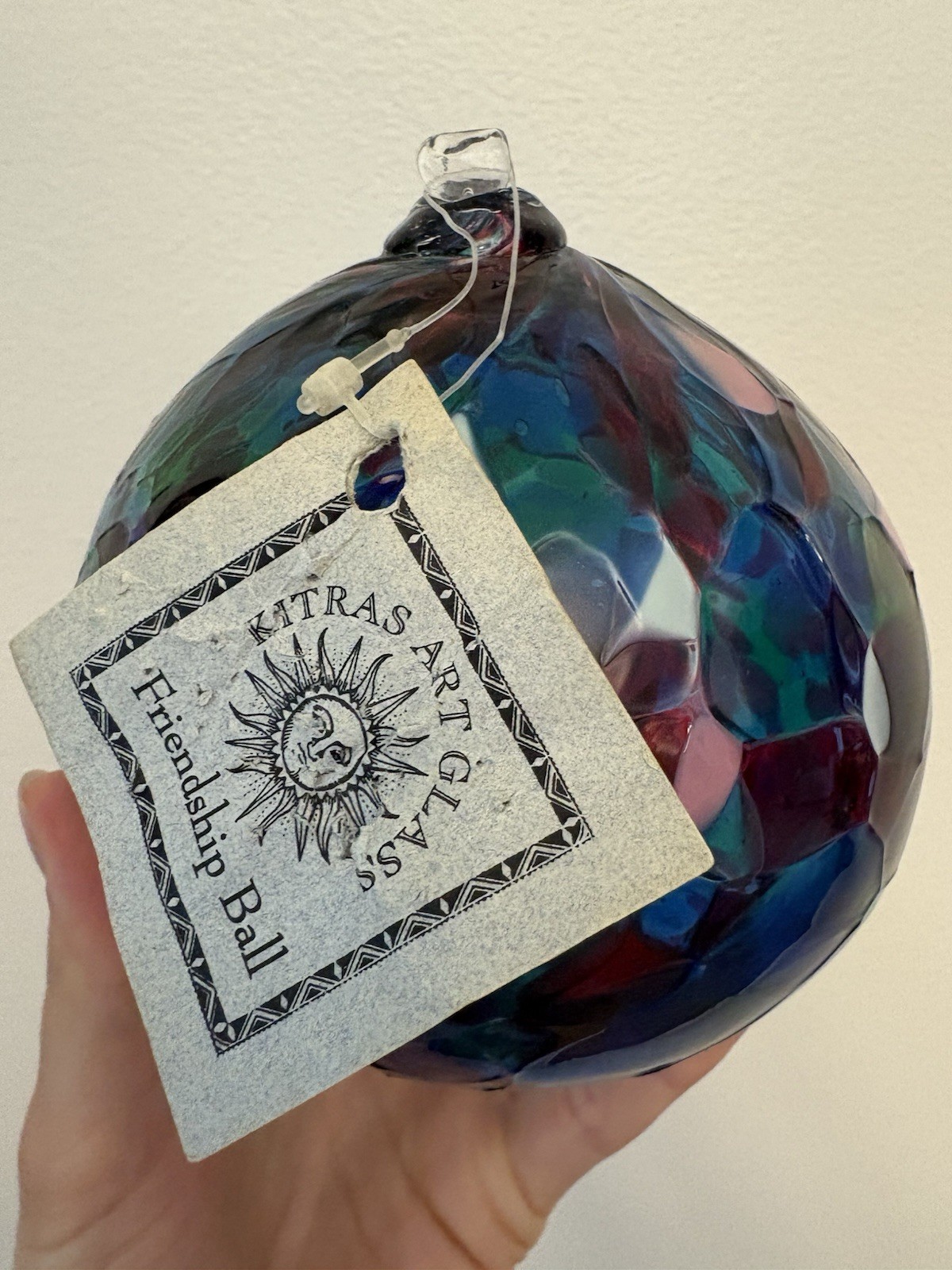 Kitras Art Glass Calico Ball Garden Ornament in Blue and Purple Friendship Witch