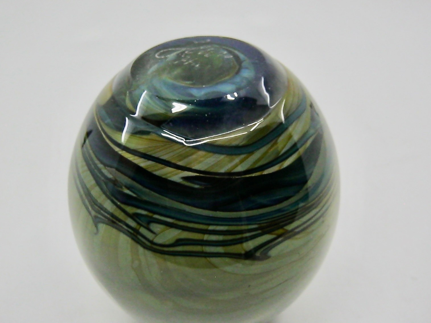 John Lewis Studio Art Glass Moon Bottle 1974 Green Glossy Signed 4.5″ Tall