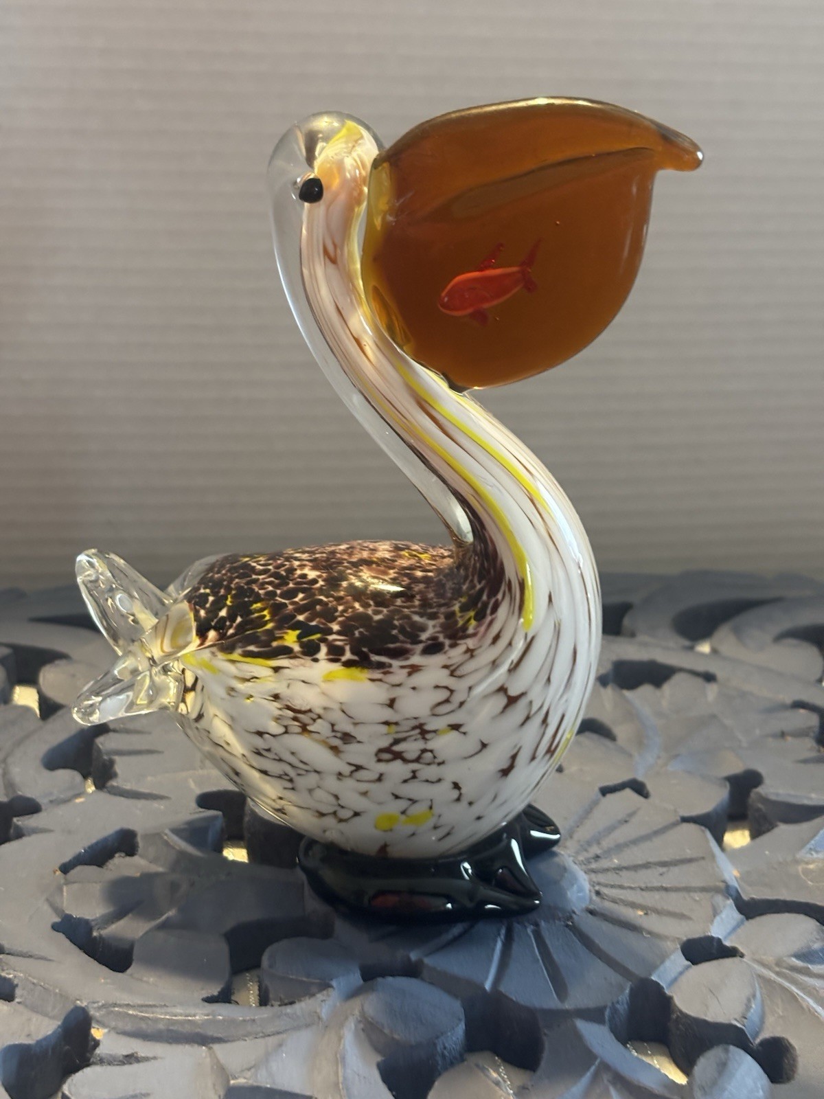 Blown Art Glass Pelican Bird Sculpture Paperweight, Browns/white Excellent